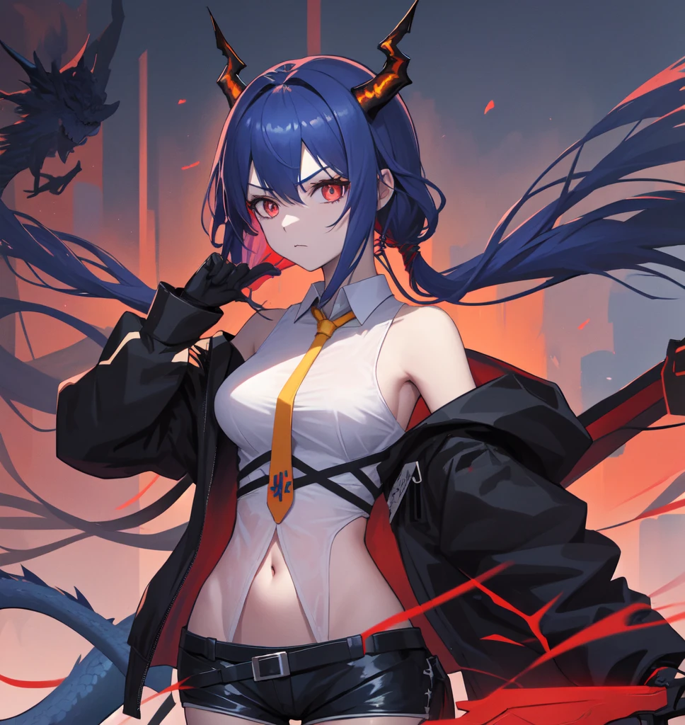 1girl, ch'en_(arknights), red_eyes, horns, navel, blue_hair, shorts, solo, necktie, looking_at_viewer, shirt, dragon_horns, white_shirt, breasts, long_hair, jacket, gloves, sword, weapon, bare_shoulders, sleeveless, cowboy_shot, off_shoulder, short_shorts, sleeveless_shirt, midriff, black_gloves, holding, yellow_necktie, bangs, black_shorts, holding_weapon, holding_sword, tail, black_jacket, open_clothes, stomach, dragon_tail, groin, sidelocksThe image shows an anime girl with long blue hair and bright red eyes. She has small black horns on her head. She is wearing a white top and dark shorts, with a yellow tie-like ribbon tied over her shoulder. Her right hand holds a black jacket that hangs loosely over one shoulder. Abstract shapes and lines are visible in the background, creating an atmosphere of dynamics and movement.