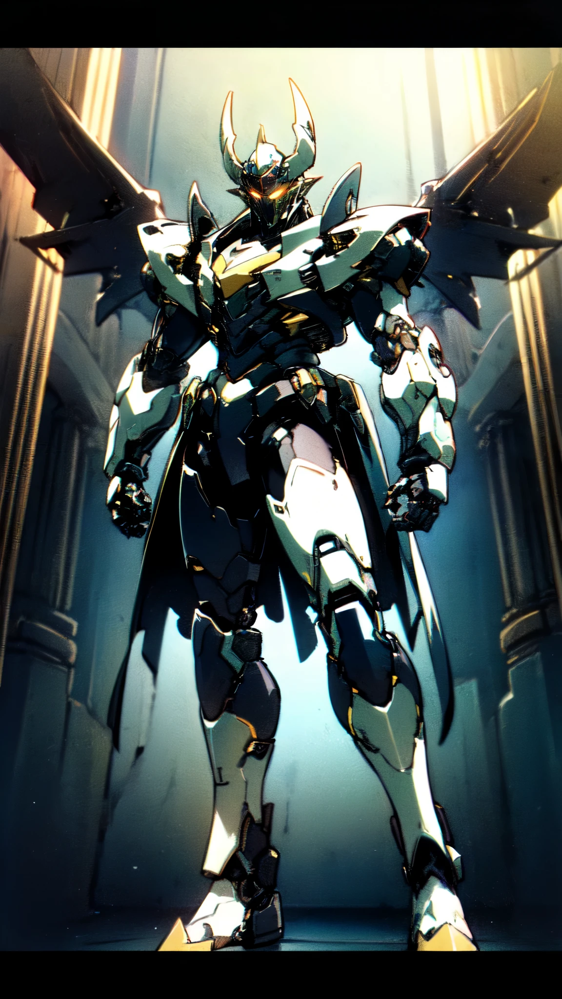 (masterpiece:1.5, best quality:1.5, extremely delicate:1.5), ((male:1.5)), a man wearing a full-face helmet, high-tech biomimetic armored combat suit, (a composite layered chest armor), heavy mechanical design, fully enclosed shoulder guards, matching arm and leg guards, a belt of gemstone, (the color scheme is primarily Yellow with Red and Purple accents, Organic Biotech, Concept Inspired by Super robot, glowing eyes, armor glows, devil wings), stand of a futuristic sci-fi city, this character embodies a finely crafted fantasy-style armored hero in anime style, exquisite and mature art style, metallic, high definition, highres, ultra-detailed, ultra-fine painting, professional, perfect body proportions, golden ratio, anatomically correct, symmetrical face, extremely detailed eyes and face, high quality eyes, creativity, RAW photo, UHD, 32k, Natural light, cinematic lighting, (masterpiece-anatomy-perfect:1.2)