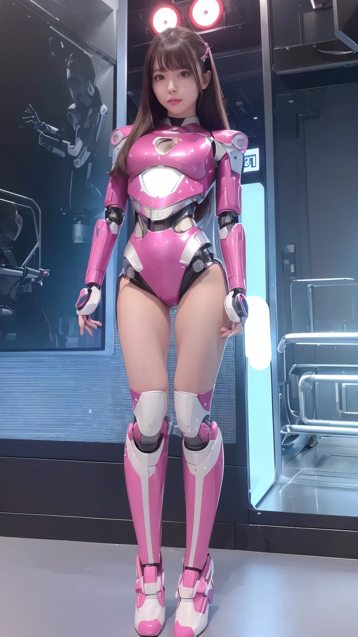 Robot Girl, pink there, Silver, Metallic body, Robot Parts, Metal Parts, Super Detailed Face, Super well-formed face, of the highest quality, a small face, a small head, Brown hair, Slender body, Camera gaze, Internal Mechanical Exposure, Idol, front facing, Well-proportioned body, sale, exhibition, Event Hall, Moe Pose, pink metallic Princess Dress Machine Armor, Standing with legs open, Model body type, sad, Embarrassing