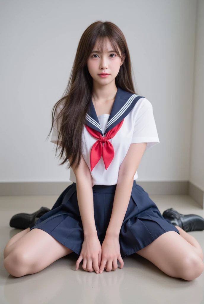 Thai women, long hair, two-tone hair, pinkish-white skin, Japan sailer school uniform, Sitting with your legs open, spread your legs wide,Full body, 