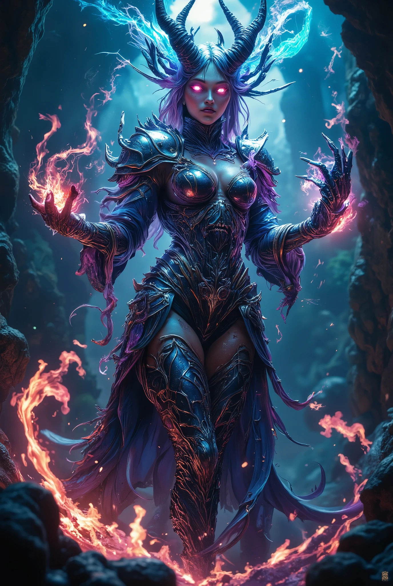 score_9, score_8_up, score_7_up, score_6_up, score_5_up, score_4_up, (best quality,4K,8k,highres,masterpiece:1.2), (super realistic photo:1.6), A neon-colored, mutant Grimm knight, stunning female, (Cthulhu Bishop:1.2), highly detailed, ultra-realistic, 8K, cinematic lighting, dramatic shadows, vibrant colors, glowing energy, intricate armor, twisted and distorted features, eldritch horror, dark fantasy, photorealistic