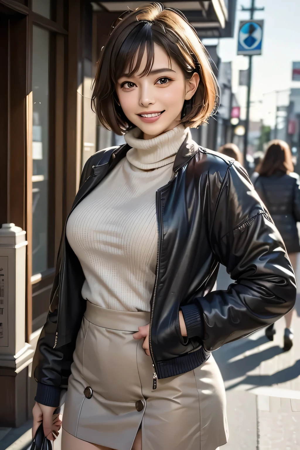 (8K, Raw photo, highest quality, masterpiece, realistic, Photoreal), (1 female), (ultimate beauty), Juku Year, highly detailed face, detailed eye, 二重eyelash, eyelash, smile, (perfect teeth), lip details, brunette bob, big breasts, (long turtleneck sweater), ((brown mini skirt)), ((wearing a blue down coat)), cowboy shot, Koen-dori in Tokyo, soft light, ((Depth of written boundary)) 