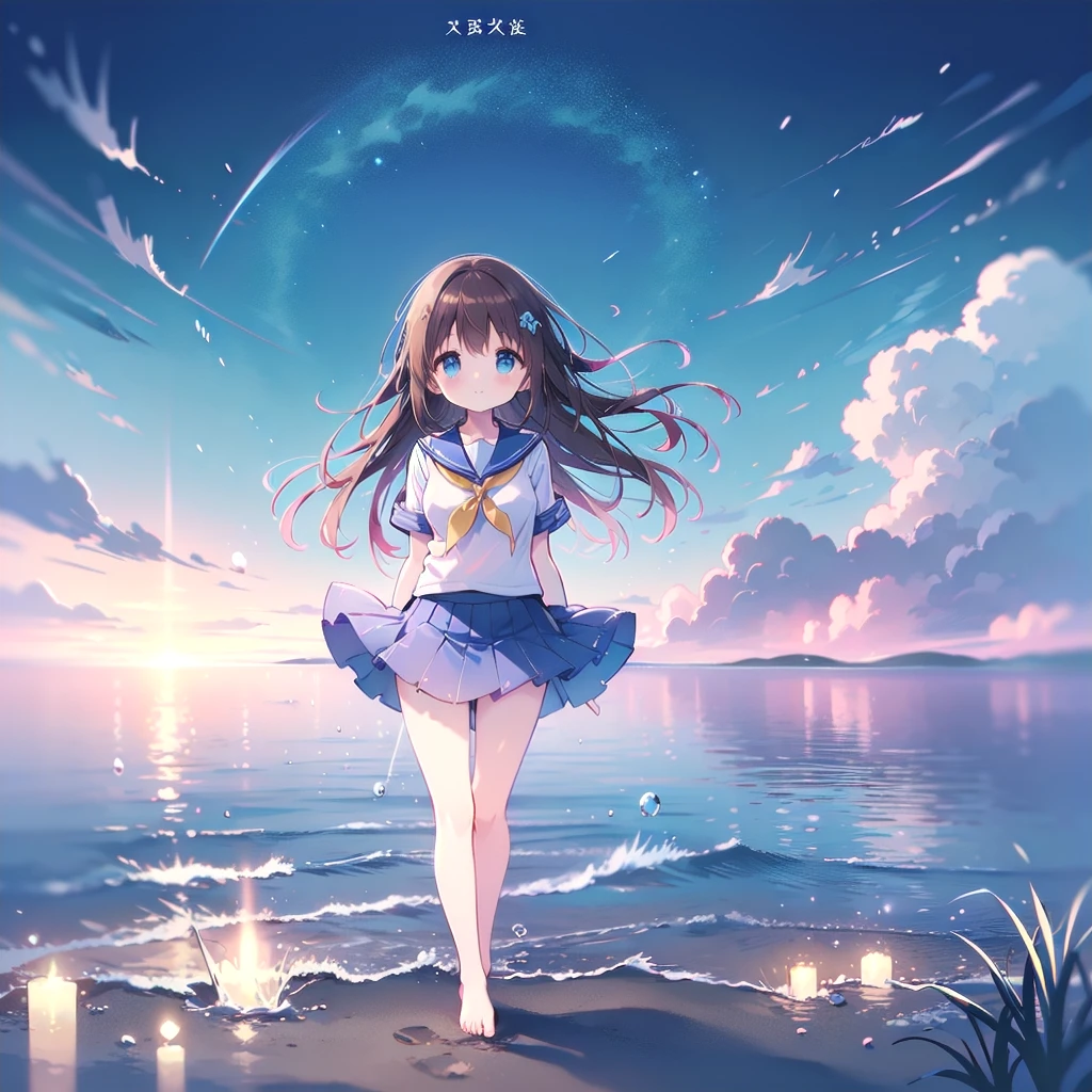 ((( super detailed,  Highly Detailed CG, masterpiece,  High Quality , 4K,  high definition , sharp concentration,Calm sea, anime style illustration))),(Alone:1.3), cute, smiles,(An elementary school-aged girl is standing in the ocean deep enough to soak her ankles:1.4), white and light blue sailor suit ,A skirt long enough to hide the thighs,( slightly bulging breasts:1.2),Tempting, Clear Skin,barefoot, long hair,Neat hair,Brown Hair,Light wind , White Clouds ,blue sky, watching viewers , shy 