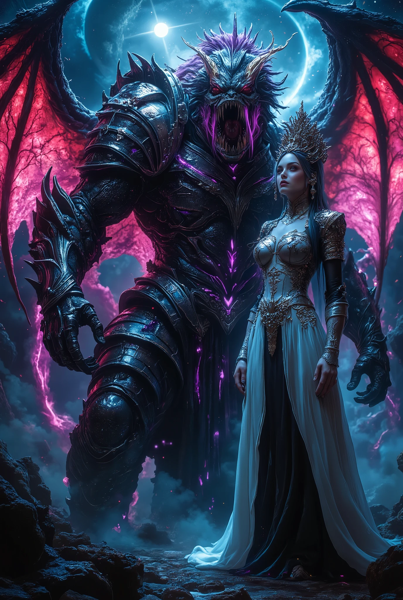 score_9, score_8_up, score_7_up, score_6_up, score_5_up, score_4_up, (best quality,4K,8k,highres,masterpiece:1.2), (super realistic photo:1.6), A neon-colored, mutant Grimm knight, stunning female, (Cthulhu Bishop:1.2), highly detailed, ultra-realistic, 8K, cinematic lighting, dramatic shadows, vibrant neon colors, glowing energy, intricate armor, twisted and distorted features, eldritch horror, dark fantasy, photorealistic