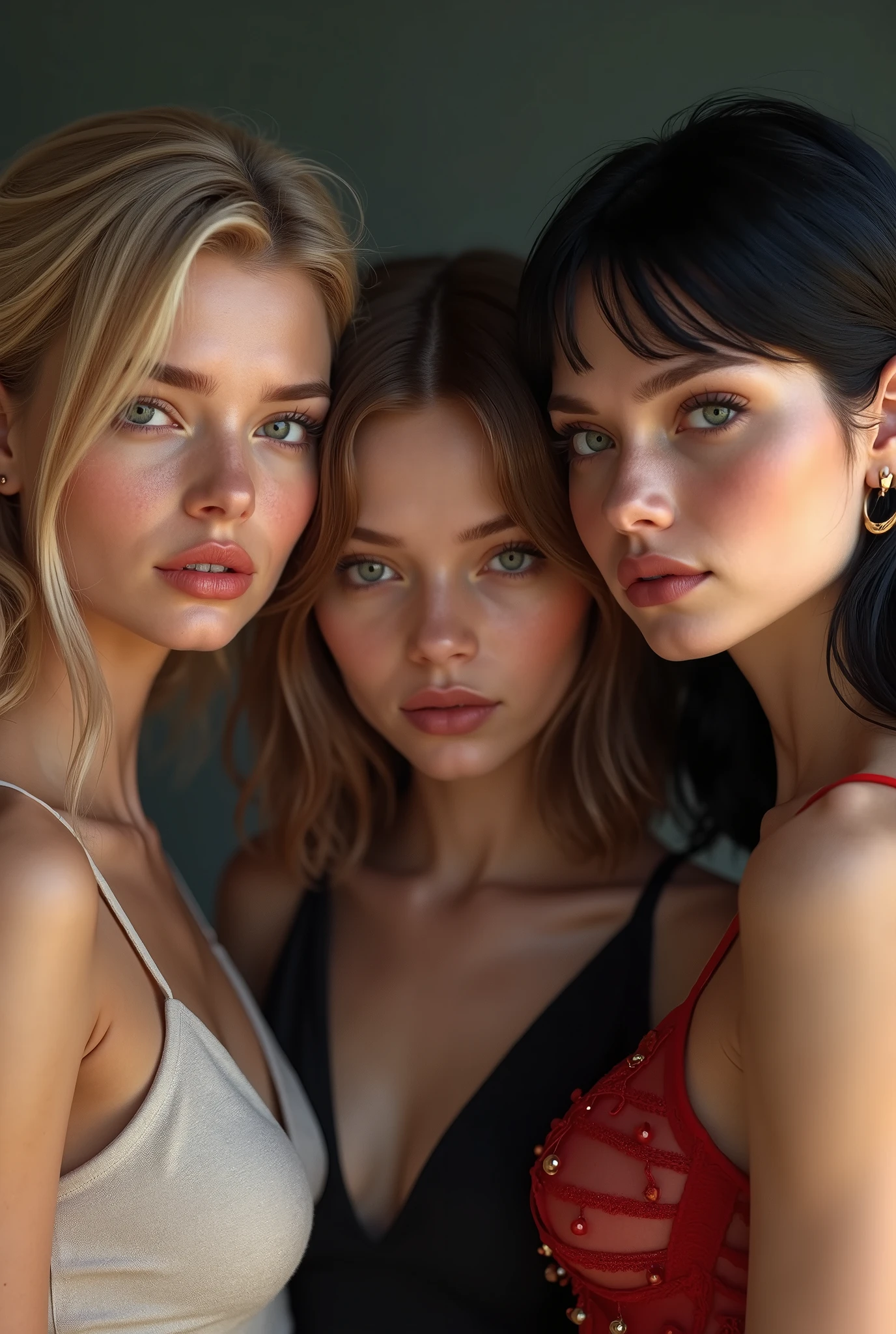 Three girls hugging each other, six hands with a maximum of five fingers on each hand. Kiss each other face to face. Grasp each other's breasts with your hands. Perfect Body, {{}}, {Perfect Body}, {Delicate Face}, {{Best Quality}}}, {{Super Detail}}, {{Masterpiece}}}, {{Best Quality}}}, {{Super Detail}}, {{Illustration}}, {Messy Hair}, {Messy Hair}}}}, Clear Facial Features, Clear Skin Features, Clear Areola, Lace, Black Lace, Ahgao, Realism, Realism, Neorealism, Octane Rendering, Corona Rendering, UE4, High Detail , Ultra High Quality, High Resolution, 8K Art Station Trend, HD, Hyper-Realism, Telephoto Lens, Chest Lens (MCU), First Person View, Film Lighting, -Imagination-