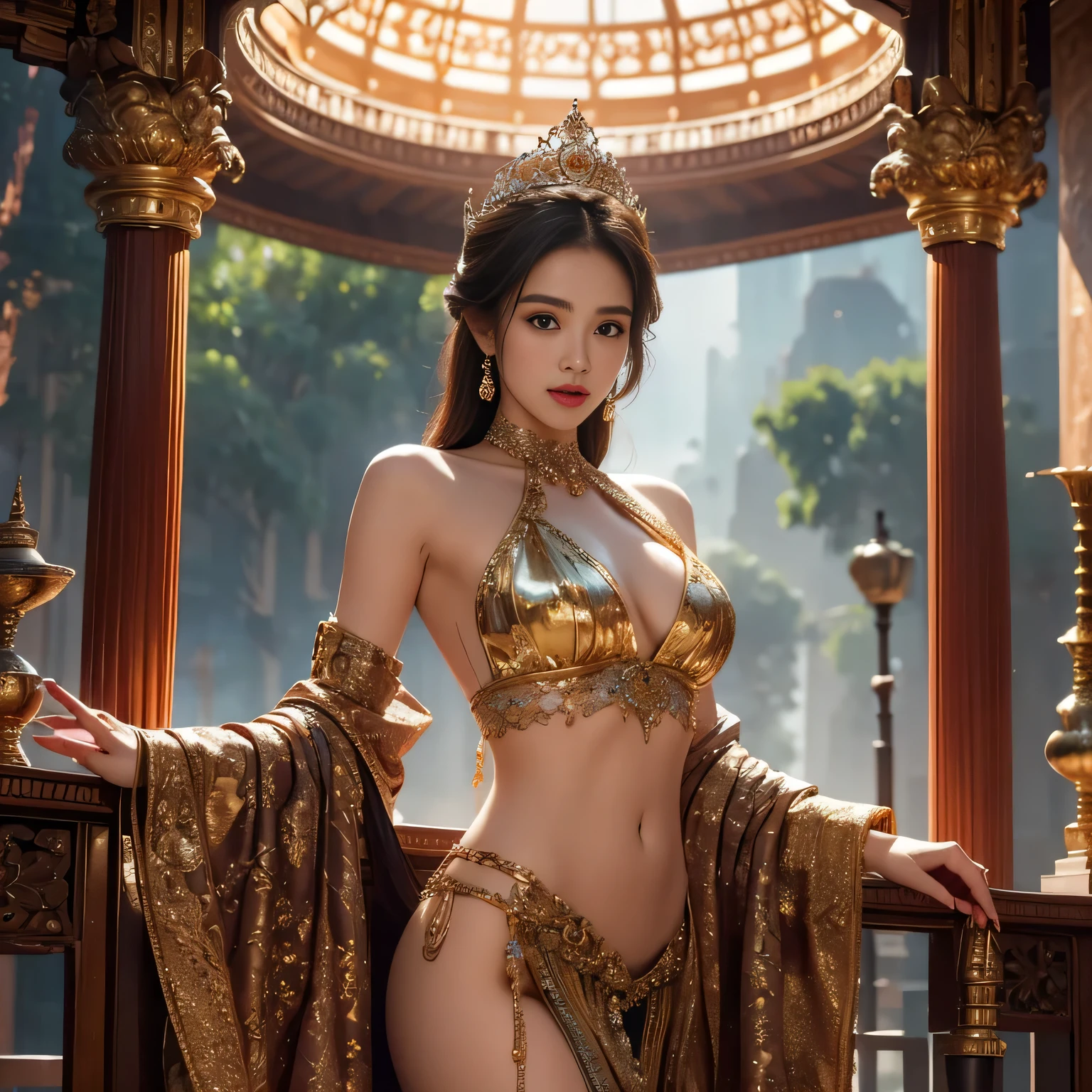Masseter film,(best quality:1.3),Ultra-high resolution,original photo,Delicate skin,Beautiful Lights,(Practical, Photorealistic:1.4), Dunhuang, 1 Girl, whole body, permanent, Uneven skin, beautiful expression、Delicate face、Huge breasts，Perfect proportions、Big 、Thin tights，Big breasts and thin waist、navel、Crotch gap、Thighs Thighs、silk，Fascinating、Attractive woman, Sexy, Dunhuang_background,(Dynamic poses:1.2), Soft and flowing clothing，Silky，Vivid golden red outfit、moist skin、（There is a huge multi-circle divine ring behind him.，Seal of God），A huge vertical divine ring，Many circles of Seal of God，（The clothes were lifted up to reveal half of the breast:1.5）,((Clothes reveal half of the chest：1.5))，Big V chest，