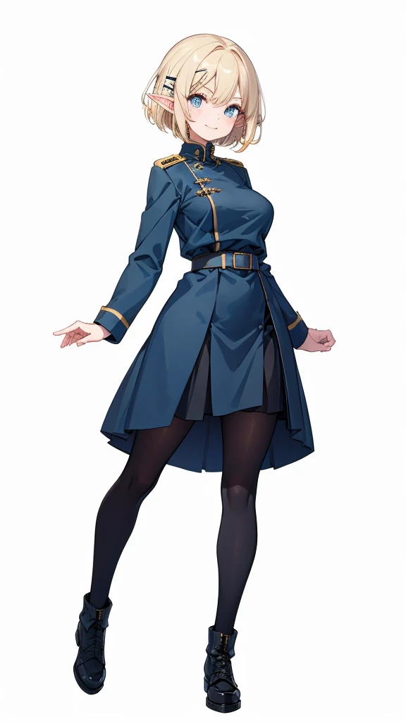 masterpiece,  top quality,((Full body image of a tall elf woman ,Standing straight with chest stretched, full body image )),Crisp, saggy eyes,Perfect dark blue eyes , (( blonde short hair, )),((Big Breasts)),(((Dark dark blue long sleeve military uniform with thick hairpins on the bangs in an X shape ))), black knee-high boots ,(Black tights),((black long sleeve military uniform with skirt)),((((Solid white background)))),thin arched eyebrows, white skin, big smile when looking back,  I don't have anything in my hands ,One hand on hip,Composition from the front