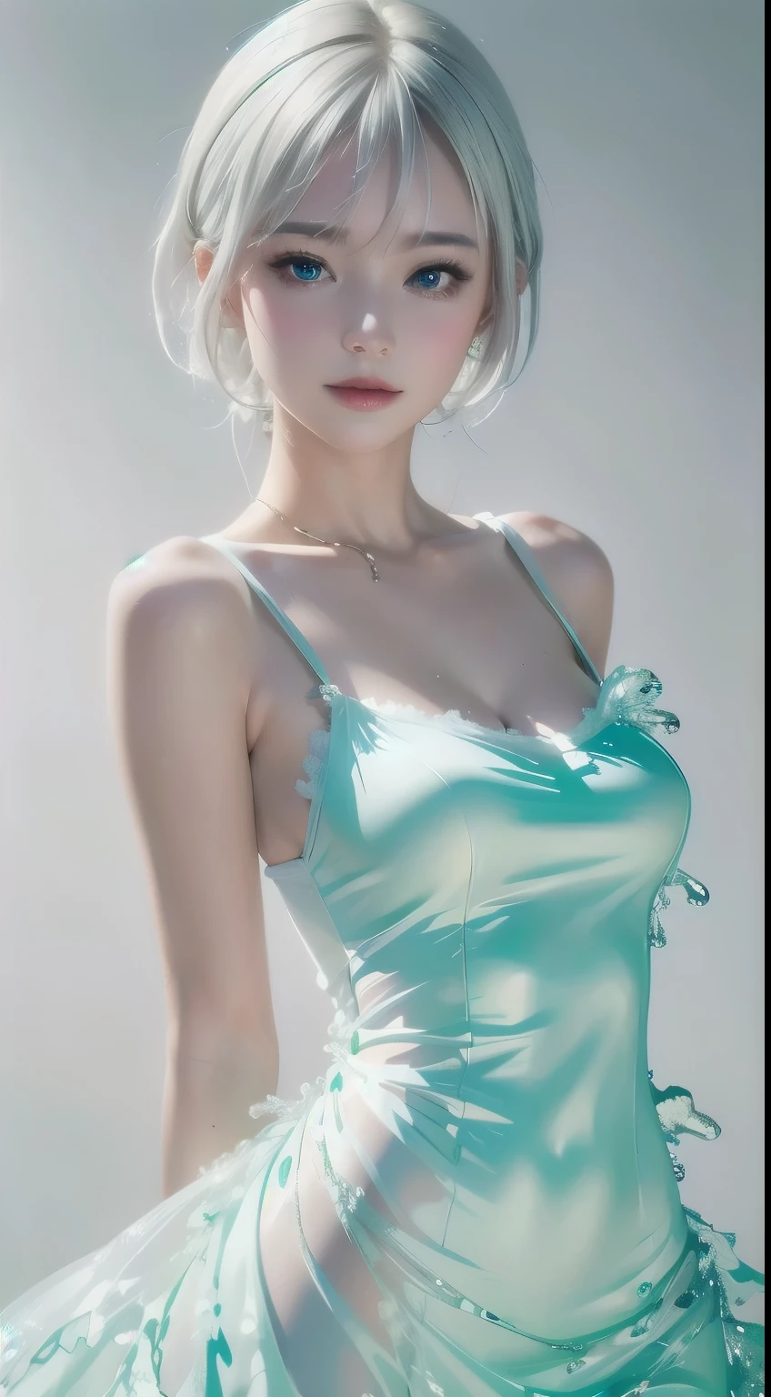 (masterpiece, best quality:1.2), 8k, 85mm, raw photo, absurdres, white and cyan theme, (liquid clothes, liquid dress:1.4), white hair, gradient dress, delicate girl, upper body, close up face, shiny skin, teen, looking at viewer, HDR, sharp focus, particle, twilight sky, detailed eyes and face, white background, simple background