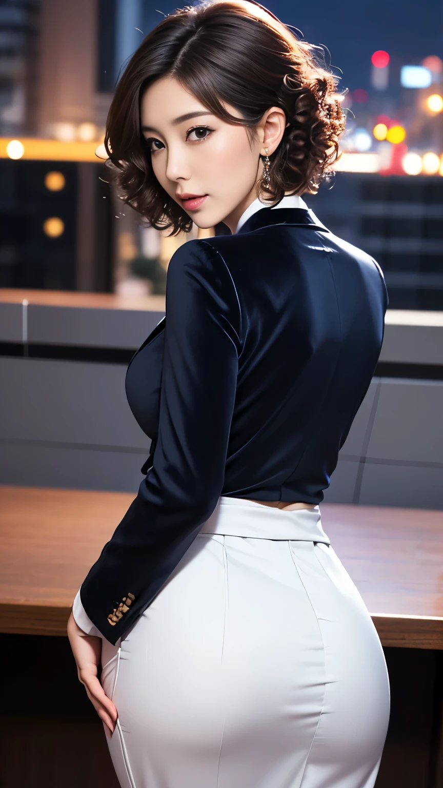 (Best quality, 8k, 32k, Masterpiece, UHD:1.2), 1girl, narrow waist, grey suit, white shirt, office lady, suit, pants, from behind, office room, desk, (stick out one's buttocks:1.2), detailed face,