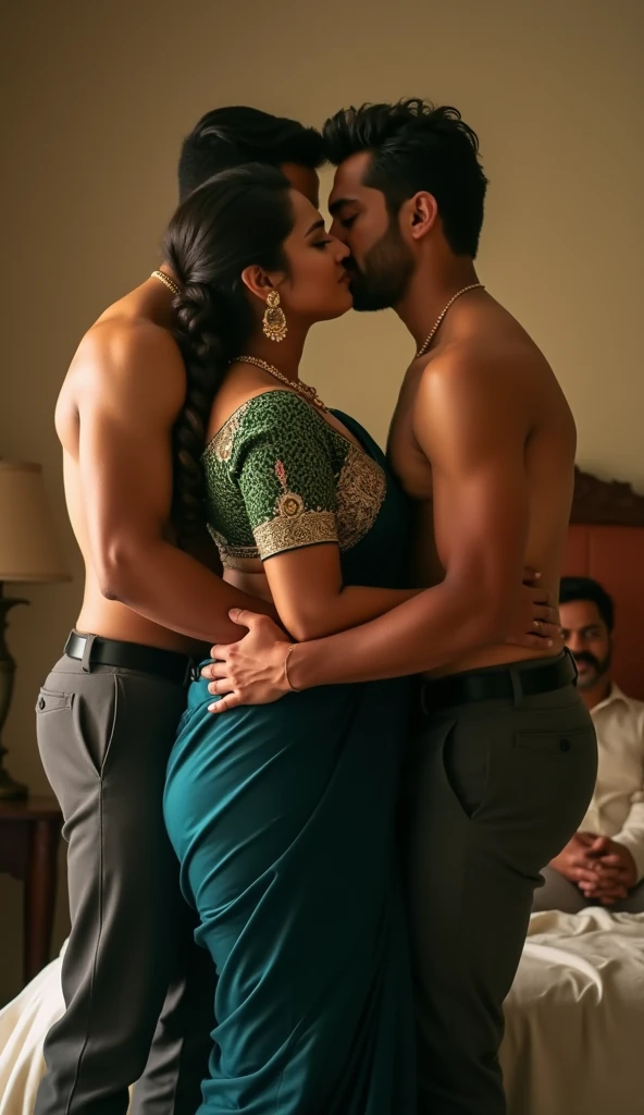 An indian married women with sexy hugs her boyfriend her husbands back.