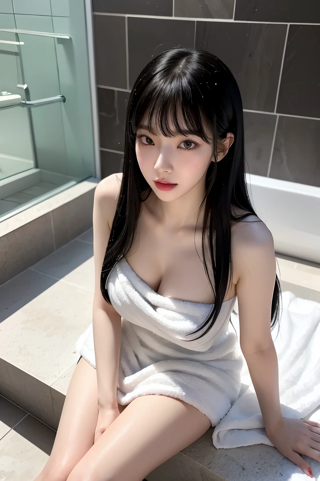Best image quality, outstanding details, ultra high resolution, (realism: 1.4), ((enlargement:1.3, View viewer)), best illustration, Request Details, Highly concentrated 1girl,huge breasts，delicate and beautiful face,(shower，shower 후 얇은 수건으로 감싸는 자세,The hair is completely wet：1.4，Woman bathing naked and drenched:1.4),Pink bathroom，Pink wall，Pink bathtub，