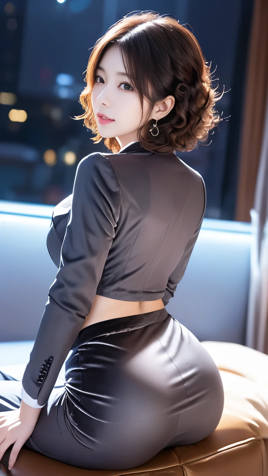 anatomically correct 5 fingers pretty face A Korean woman in a blue top and gray skirt is posing, ((( curly bob hair))) earrings Sensual Body Tight Outfit , Wearing a tight shirt , thin waist and thick waist , ((( taken from behind))) (((velvet white business suit with beautiful night scene background ))) Korean woman Shinyoung sitting on