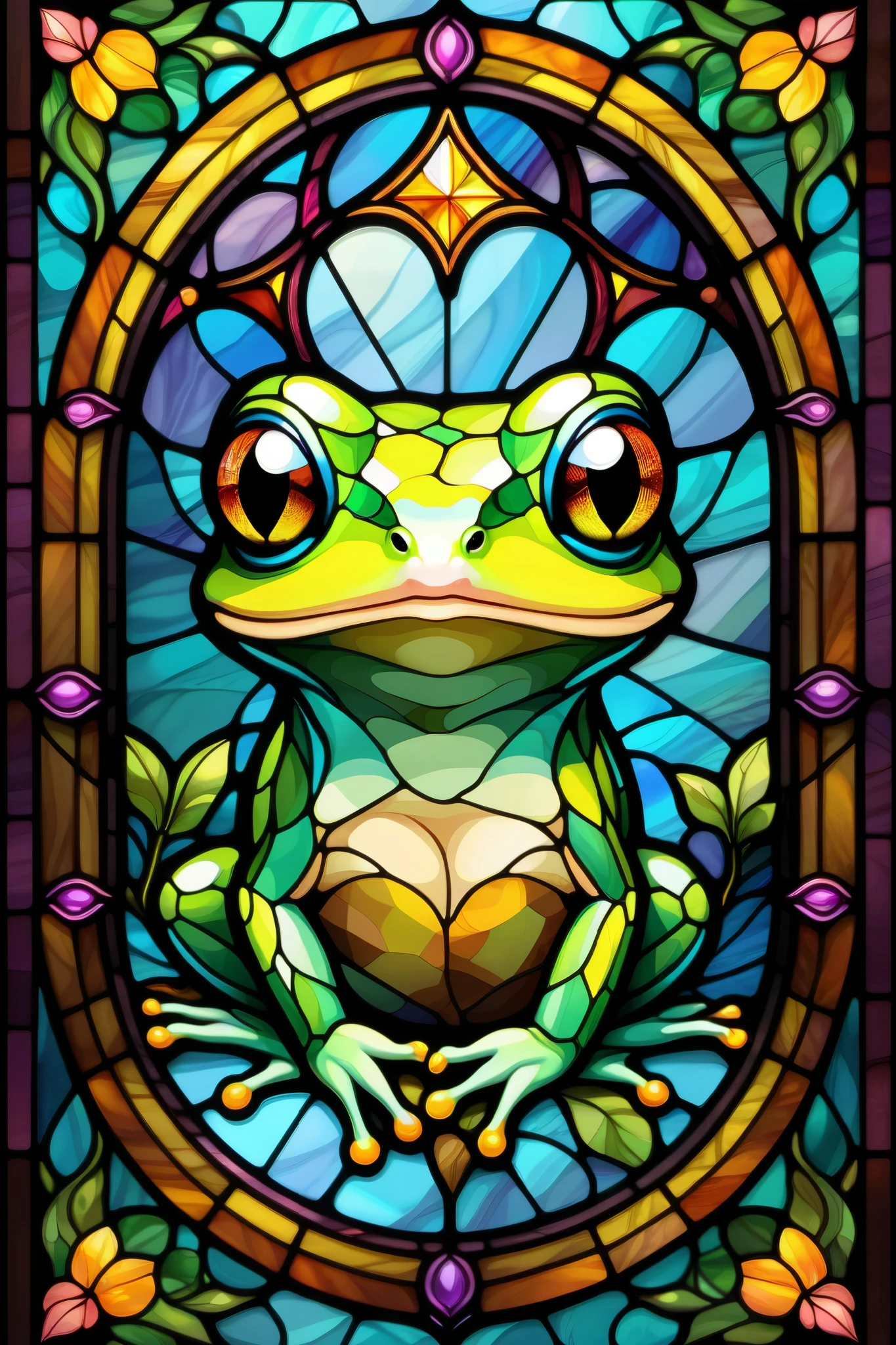 2D Stained Glass window, cute frog in window frame. dungeons and dragons art. symmetrical design, in the style of stained glass. Digital stained glass style. pastel color scheme