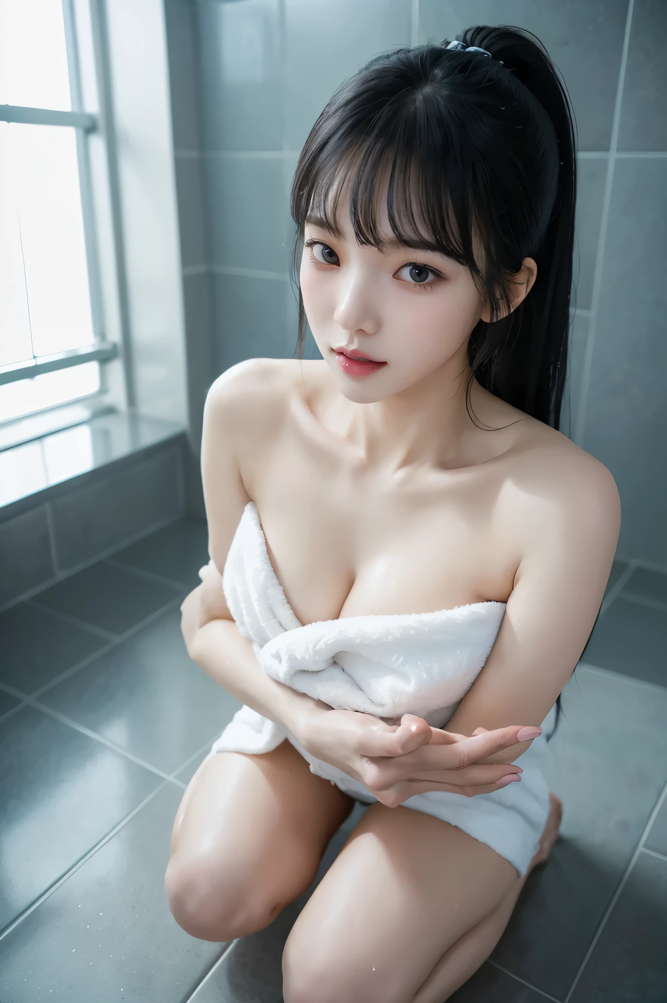 ((masterpiece)), ((highest quality、Ultra high definition)), (Very detailed),8K、(Photo quality)、(((Amazingly cute girl))), (16-year-old girl), ((Bedroom after bath)),White skin、Glossy lips、In a suite at a vast, ultra-luxurious resort hotel, Beautifully arranged black hair in twin tails、Lace fabric ribbon、whole body、(Slim figure)、((Professional Lighting))、White panties are showing through、(((Ultimate cuteness in every way)))、Blake/、(King Size Bedroom)、((Small breasts))、Blake/、　(((She is naked and wrapped in a large white bath towel.)))、((It seems visible but it&#39;s not))、