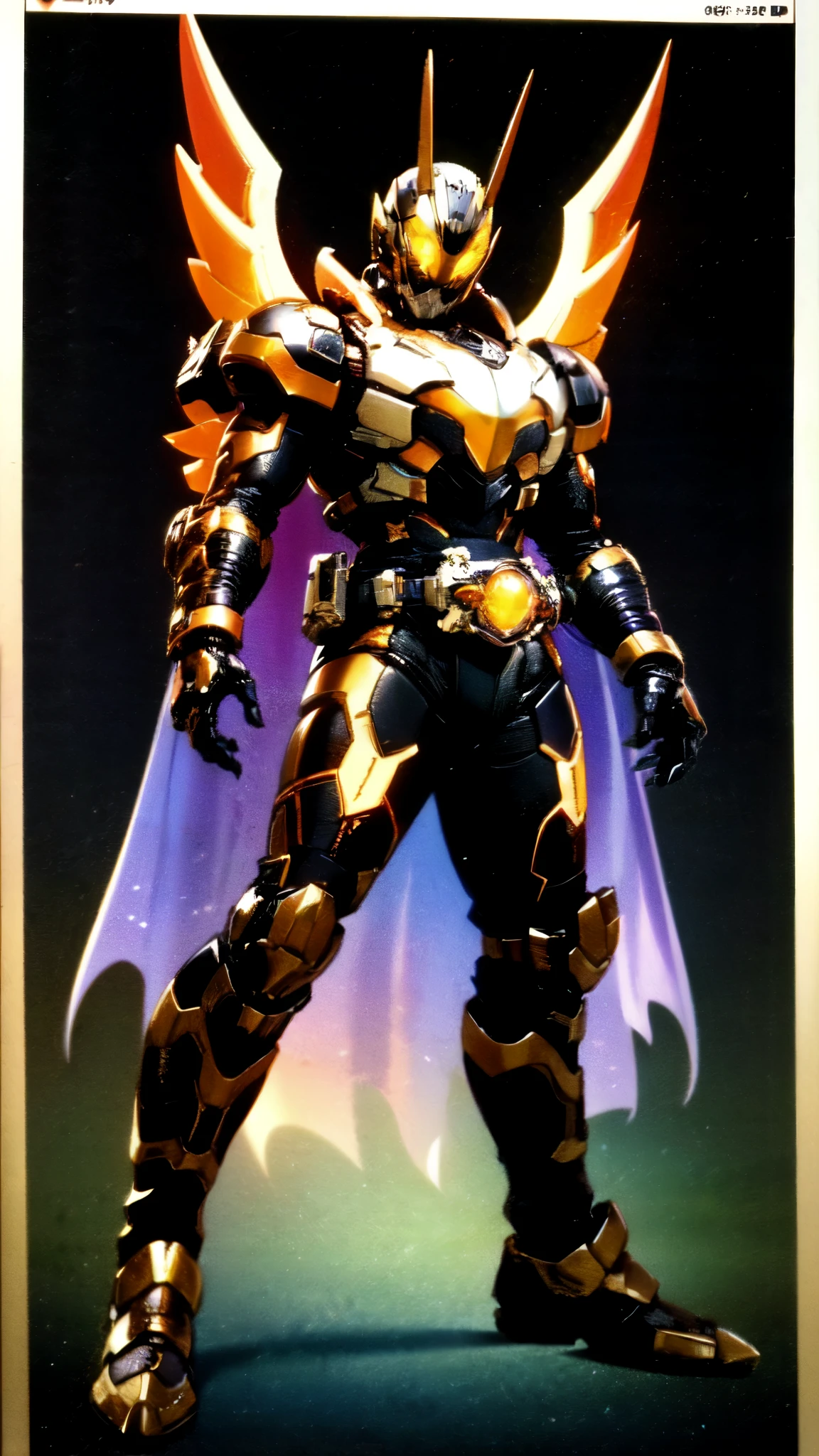 (masterpiece:1.5, best quality:1.5, extremely delicate:1.5), ((male:1.5)), a man wearing a full-face helmet, high-tech biomimetic armored combat suit, (a composite layered chest armor), heavy mechanical design, fully enclosed shoulder guards, matching arm and leg guards, a belt of gemstone, (the color scheme is primarily Yellow with Red and Purple accents, Organic Biotech, Concept Inspired by Super robot, glowing eyes, armor glows, devil wings), stand of a futuristic sci-fi city, this character embodies a finely crafted fantasy-style armored hero in anime style, exquisite and mature art style, metallic, high definition, highres, ultra-detailed, ultra-fine painting, professional, perfect body proportions, golden ratio, anatomically correct, symmetrical face, extremely detailed eyes and face, high quality eyes, creativity, RAW photo, UHD, 32k, Natural light, cinematic lighting, (masterpiece-anatomy-perfect:1.2)