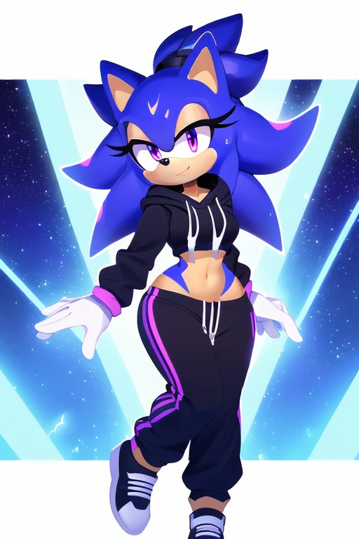 Sonic oc, female, Cosmic hedgehog, A beautiful light blue hedgehog,  dark purple eyes and markings,  giving an otherworldly aura, like stars or constellations on quills, very long quills packed in a bun, a few bangs with smooth fur, a slim thick hourglass body, black cropped hoodie, sweatpants, containment gloves 

