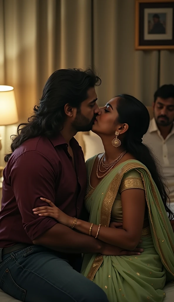 create image  where a 40 year's middle aged beautiful Indian woman wearing saree, beautiful woman body, kissing a young handsome boy 21 years boy muscular body, both kissing