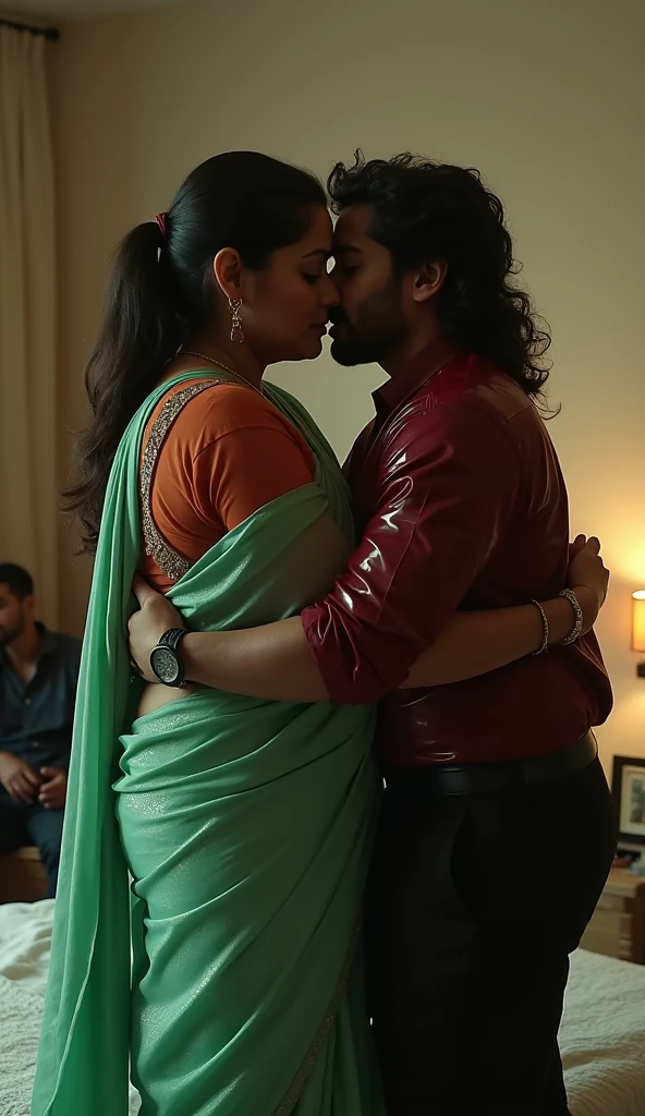 Beautiful and Slim Indian woman Aishwarya Rai in green satin blouse red saree , tied hair bun, lifting a man above her shoulders, man is sitting on woman's shoulders, in a bedroom with high ceiling, woman is showing her back to the camera , full body view