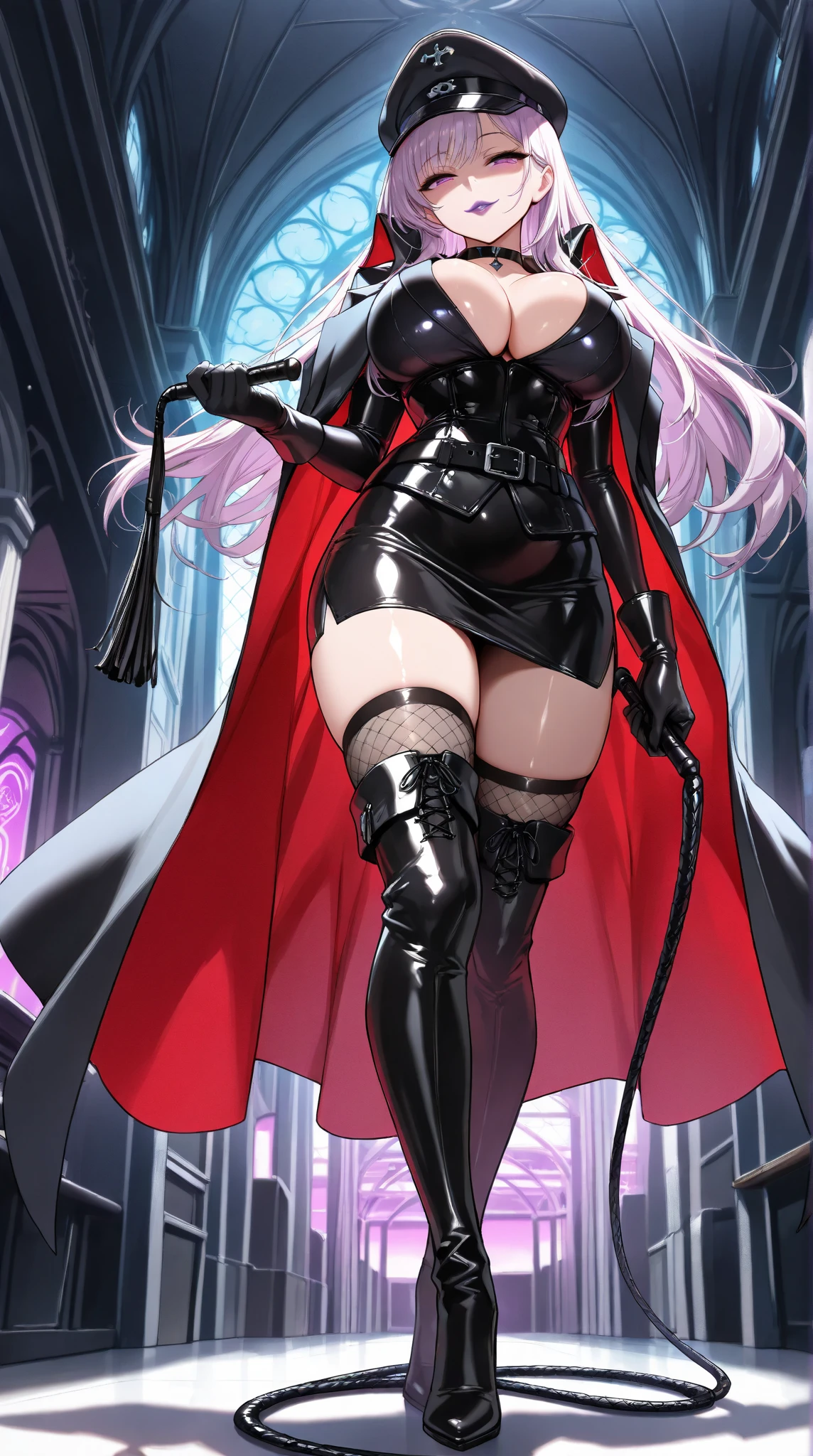 perfect and beautiful face, beautiful girl in  black and pink pointed toe stiletto knee high boots, standing on street with sword in her hands ,, leatgher gloves on, big breasts and buts