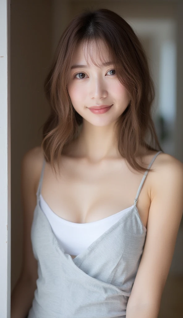 Instagram style, a young  Sexy slender Asian woman with medium-length hair, wearing a light gray sleeveless dress over a white inner top, soft makeup, gentle smile, natural pose, casual and modern setting.
