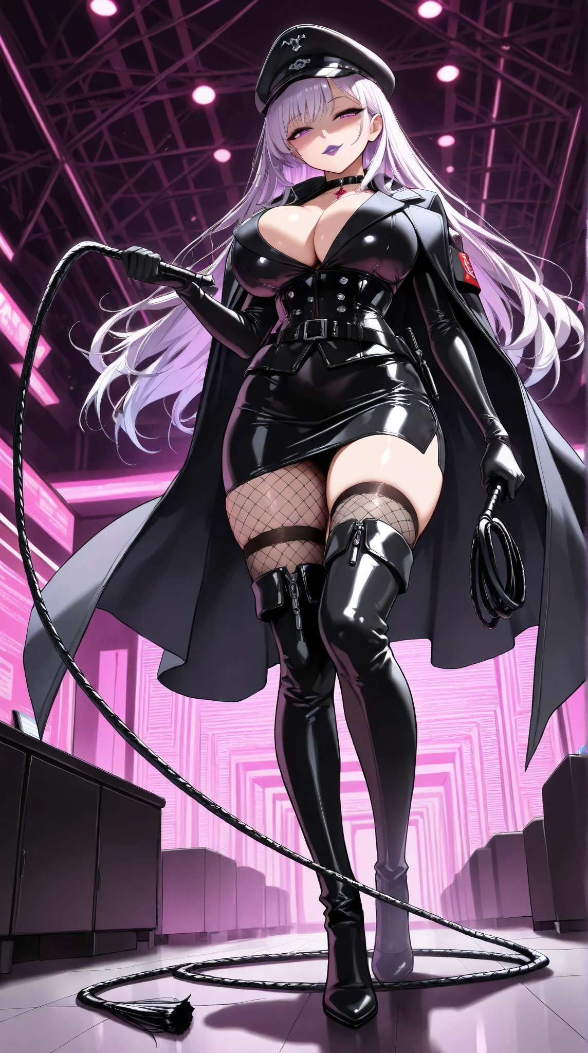  Young Beautiful Woman,(masterpiece, top quality, very detailed depiction, Incredibly Absurd High Definition ,Curvaceous Body,Beautiful legs,High quality skin),(Female executive of an evil organization:1.3),( Shiny Black Bondage Corset with Intricate Structures:1.3,Black Latex Tight Skirt :1.3, body net stockings,military hat,Military cloak,Black leather belt, Long Gloves, leather choker, black tights, leather thigh-high boots),(Purple Eyes, half closed his eyes :1.2, big breasts, bewitching smile ,Shiny purple lips,Shadowed face,Seductive gestures, holding a whip in her hand :1.2), full body image , from below,background:Secret Base