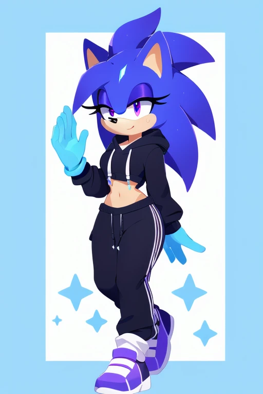 Sonic oc, female, Cosmic hedgehog, A beautiful light blue hedgehog,  dark purple eyes, and markings, like stars or constellationson quills,an otherworldly aura, very long quills packed in a bun, a few bangs with smooth fur, a slim thick hourglass body, black cropped hoodie, sweatpants, containment gloves.

