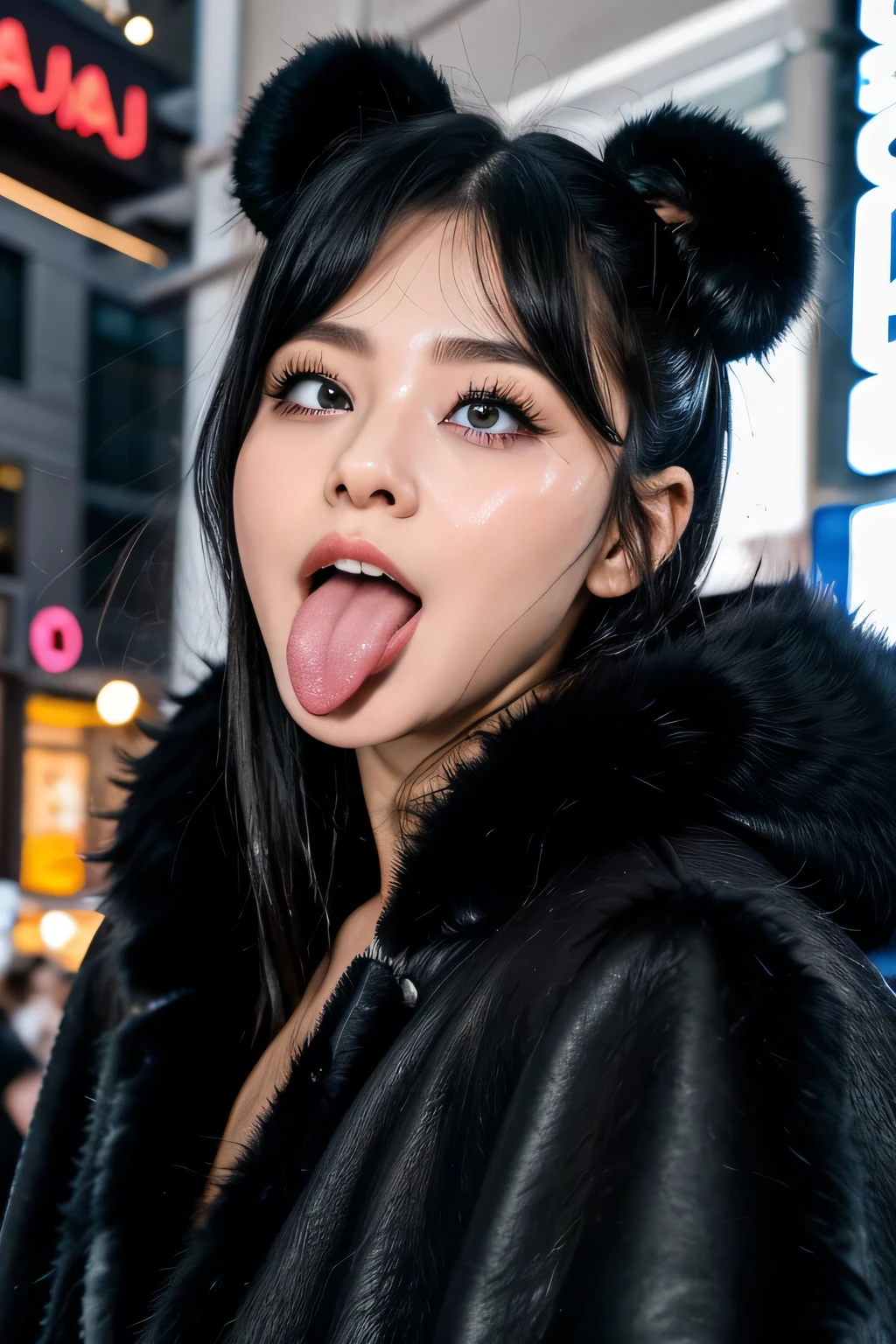 1 girl, table top in front of you,,Award-winning photo, very detailed, face close-up 、 keep your eyes focused, Nose and mouth, face focus, a woman with her mouth open and her eyes closed, Face Focus Close-up、age: 18 ,Black-haired、Symmetrical face, Insulated、 angle from below 、Extended C-shaped nostrils 、(((black fur coat ,Harajuku Omotesando at night ))) shiny skin、 big eyes、 double eyelid 、( my tongue is wet and glowing) ((Wet tongue)) (Face close-up) Disneyland,Taylor Hill, hyperrealistic ,real skin、Nogizaka Members,