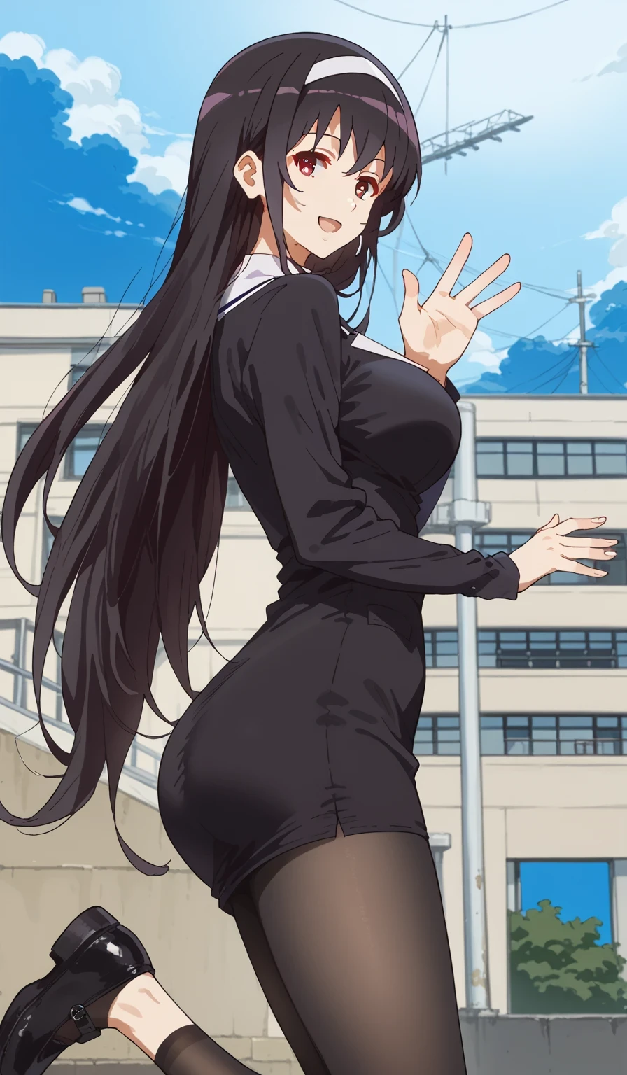 score_9, score_8_up, score_7_up, source_anime, utaha kasumigaoka, black hair, hairband, long hair, red eyes, large breasts,1girl, one_eye_closed, solo, long_hair, pantyhose, breasts, dress, looking_at_viewer, black_hair, purple_eyes, black_dress, large_breasts, black_footwear, outdoors, smile, sky, open_mouth, bangs, waving, shoes, from_side, long_sleeves, short_dress, building, cloud, day, pencil_dress, ass