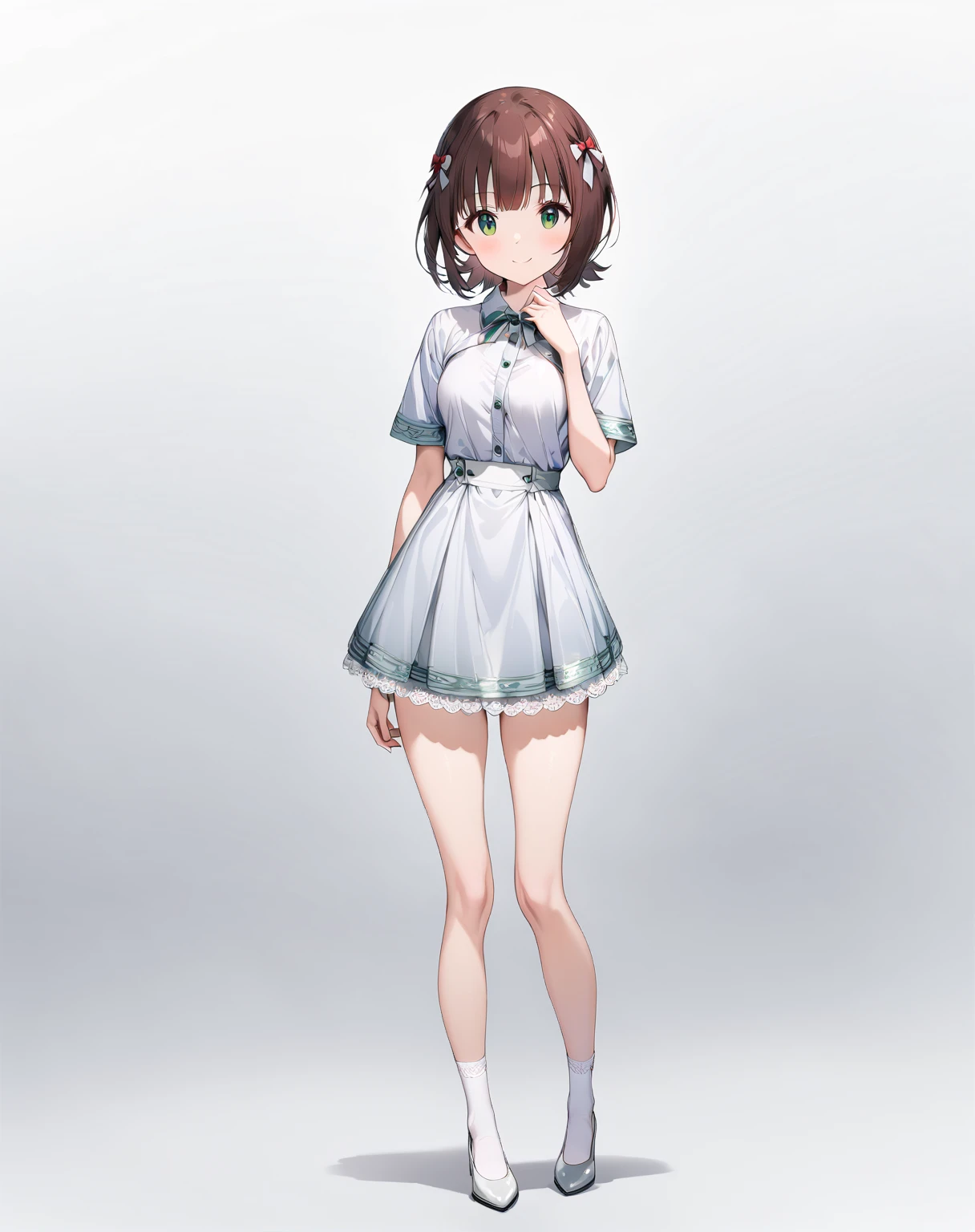 (1 girl),(Alone),

(Amami Haruka )、Amami Haruka、
(masterpiece)、 top quality、 high definition 、 Intricate Details、4K、8k、
(Light gray background)、Grey Room、
( from head to toe:1.5、full body view:1.5)、At the center:1.2、

((round face))、(Brighten your face:0.7)、(Big green eyes:1.3)、(非常に detailed face )、(small round hairstyle)、
((( short short hair:2.5)))、(Brown Hair)、(bangs:0.5)、(A small red ribbon in her hair:0.1)、
( detailed face :0.7)、(smile)、
Round Breasts、

 Video 、 slender figure、 PERFECT FIVE FINGERS 、

(fair skin)、 Delicate Smooth Skin 、 beautiful skin、

break
(Formal shirt)、
(red　Tulip skirt)、
White knee-high socks、
White pumps、

very short hair, 

looking at viewer, 

Slight Body,
Medium Breasts,
Petite Height,

(Alone Focus:1.0),
(Standing:1.4),
(Seductive pose:0.2),

(Full body Shot:1.2), 
(From the front),

(No background),