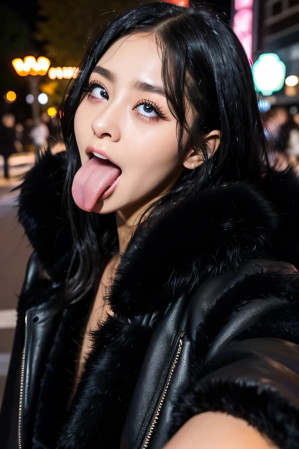 1 girl, table top in front of you,,Award-winning photo, very detailed, face close-up 、 keep your eyes focused, Nose and mouth, face focus, a woman with her mouth open and her eyes closed, Face Focus Close-up、age: 18 ,Black-haired、Symmetrical face, Insulated、 angle from below 、Extended C-shaped nostrils 、(((black fur coat ,Harajuku Omotesando at night ))) shiny skin、 big eyes、 double eyelid 、( my tongue is wet and glowing) ((Wet tongue)) (Face close-up) Disneyland,Taylor Hill, hyperrealistic ,real skin、Nogizaka Members,