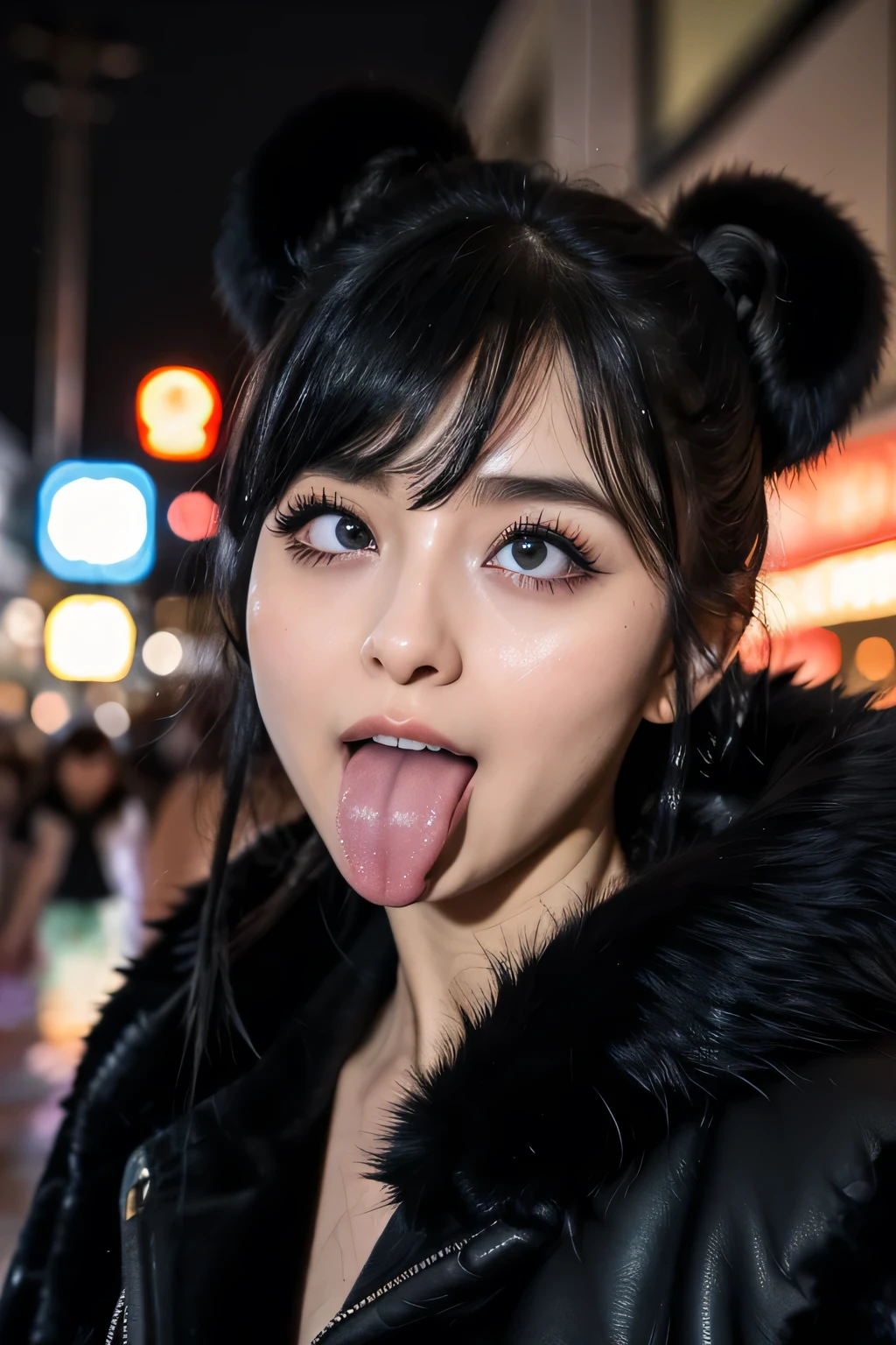  1 girl, table top in front of you,,Award-winning photo,  very detailed,  face close-up 、 keep your eyes focused, Nose and mouth, face focus,  a woman with her mouth open and her eyes closed,  Face Focus Close-up、age: 18 ,Black-haired、Symmetrical face, Insulated、 angle from below 、Extended C-shaped nostrils 、(((black fur coat ,Harajuku Omotesando at night ))) shiny skin、 big eyes、 double eyelid 、( my tongue is wet and glowing) ((Wet tongue)) (Face close-up) Disneyland,Taylor Hill, hyperrealistic ,real skin、Nogizaka Members,