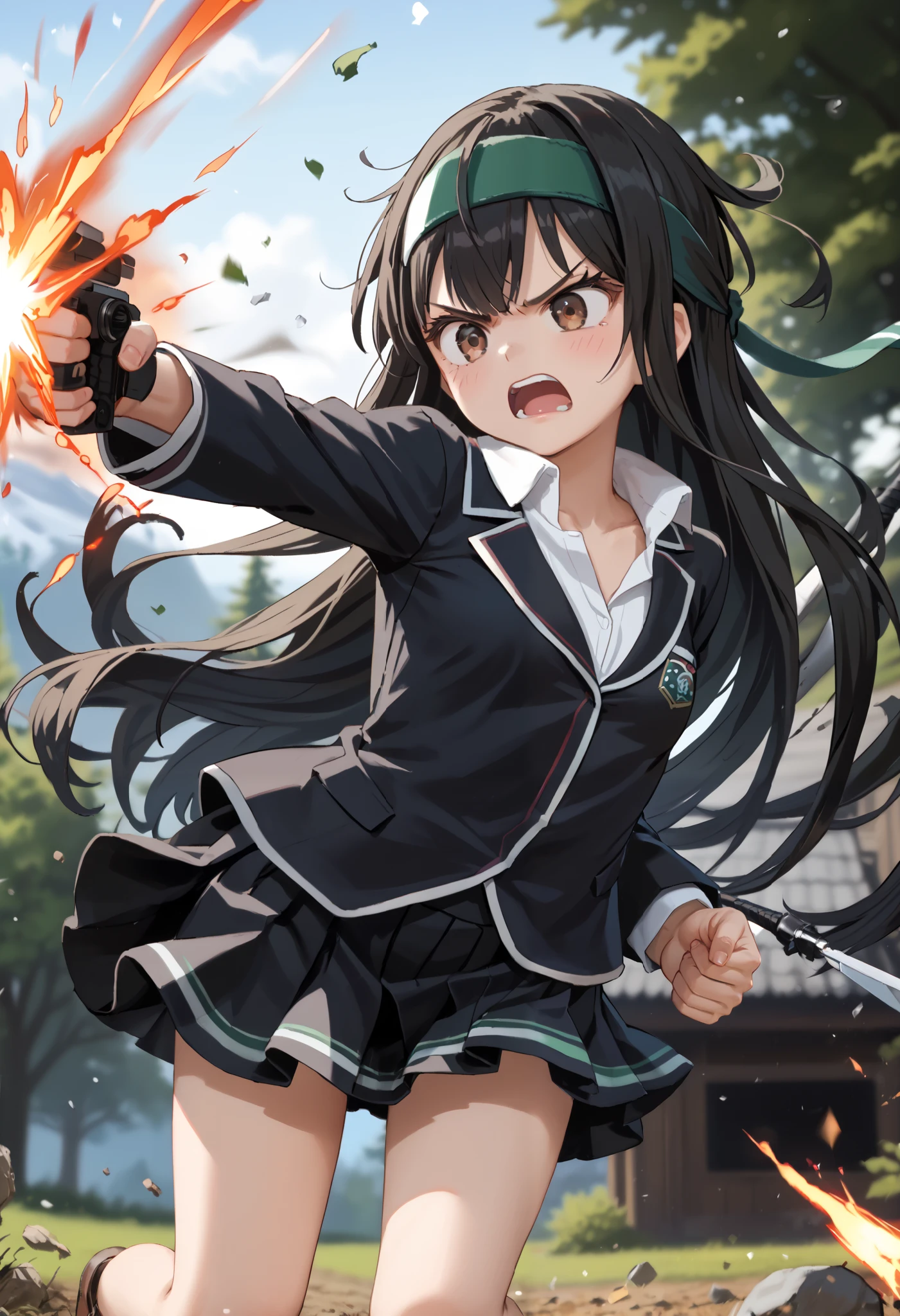 score_9, score_8_up, score_7_up, score_Anime, idealized form, natural light, detailed background,blurry background, very detailed,(),First frost( kancoll), Brown Eyes ,(left(white)right(green)) headband behind a tree,(black)long hair,(low)hair,(black)hair,small breasts,( smaller), shirt, blazer,black skirt, Single Thigh High ,(( furious )), is angry,smash,punch,strike,