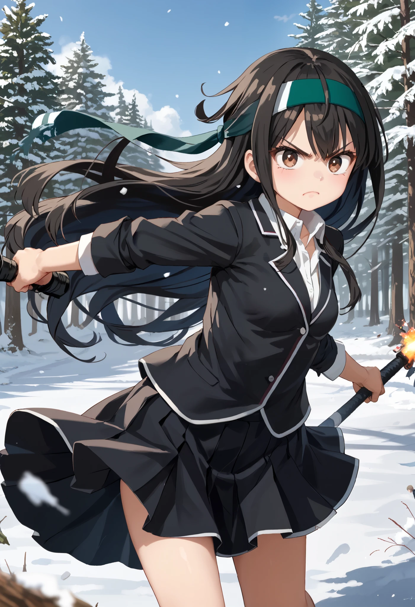  score_9, score_8_up, score_7_up, score_Anime, idealized form, natural light,  detailed background,blurry background, very detailed,(),First frost( kancoll), Brown Eyes ,(left(white)right(green)) headband behind a tree,(black)long hair,(low)hair,(black)hair,small breasts,( smaller), shirt, blazer,black skirt, Single Thigh High ,(( furious )), is angry,smash,punch,strike,