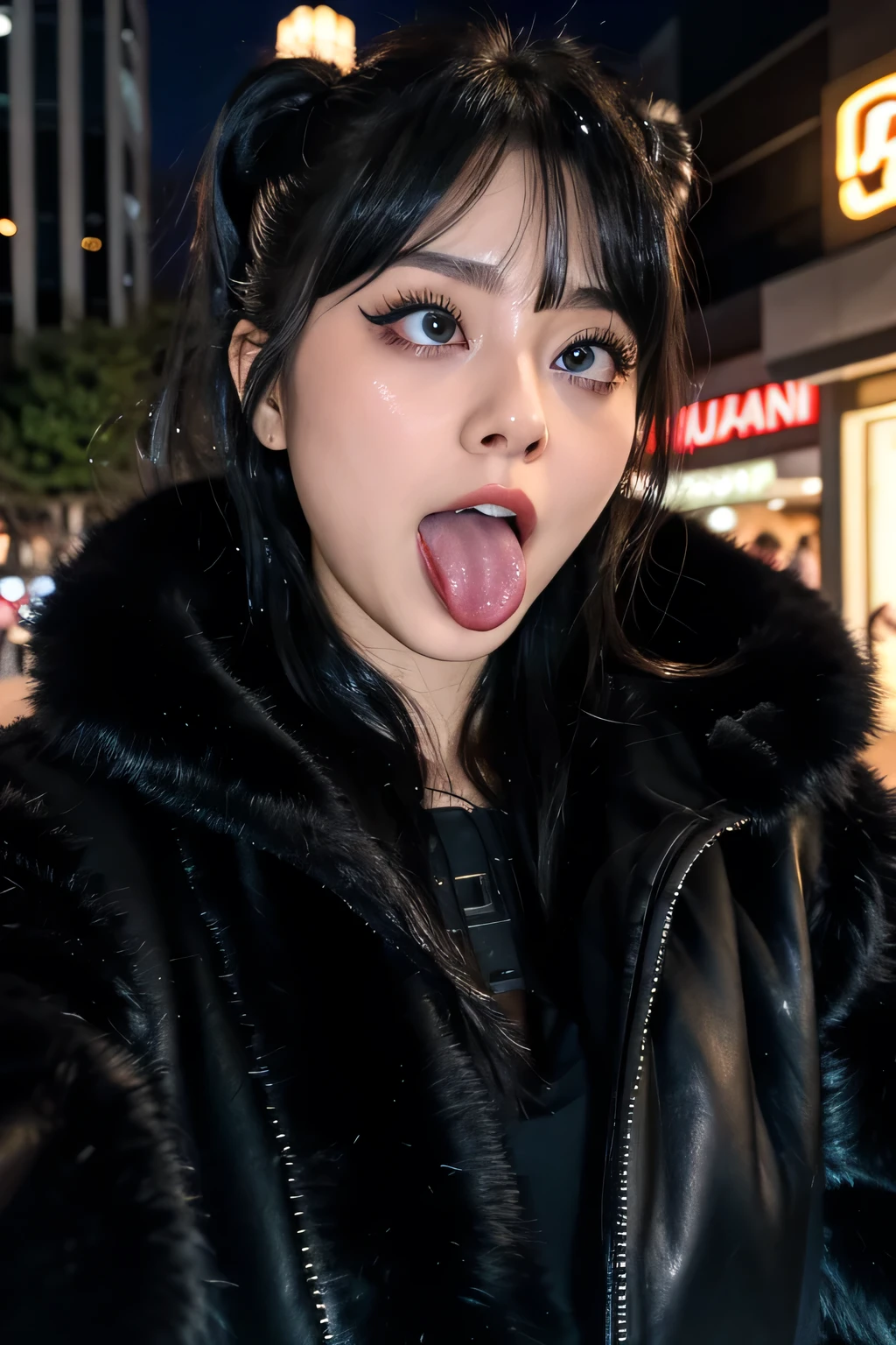  1 girl, table top in front of you,,Award-winning photo,  very detailed,  face close-up 、 keep your eyes focused, Nose and mouth, face focus,  a woman with her mouth open and her eyes closed,  Face Focus Close-up、age: 18 ,Black-haired、Symmetrical face, Insulated、 angle from below 、Extended C-shaped nostrils 、(((black fur coat ,Harajuku Omotesando at night ))) shiny skin、 big eyes、 double eyelid 、( My Tongue Is Wet and Glowing) ((Wet tongue)) (Face close-up) Disneyland,Taylor Hill, hyperrealistic ,real skin、Nogizaka Members,