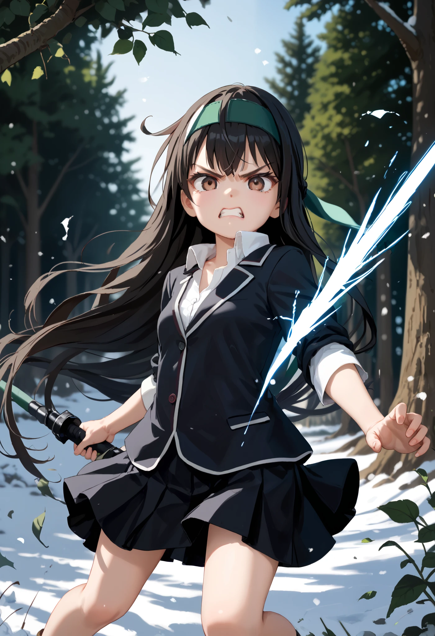  score_9, score_8_up, score_7_up, score_Anime, idealized form, natural light,  detailed background,blurry background, very detailed,(),First frost( kancoll), Brown Eyes ,(left(white)right(green)) headband behind a tree,(black)long hair,(low)hair,(black)hair,small breasts,( smaller), shirt, blazer,black skirt, Single Thigh High ,(( furious )), is angry,smash,punch,strike,