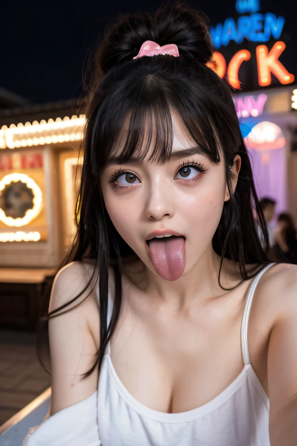 ollarbone,white t-shirt,off-shoulder look,bare shoulder,midriff peek,micro shorts,open mouth,(tongue out:2),cum on tongue,standing,Kneeling,Selfie,looking ahead,from above,flont view,upper body,(1girl,Beautiful 14 year old girl),((Slender,Small breasts,Small face,)),looking at viewer,Black Hair,bangs,one side up,Beautiful and detailed,Mischievous smile,Dimly lit room,Simple Background,Black background,Low lighting