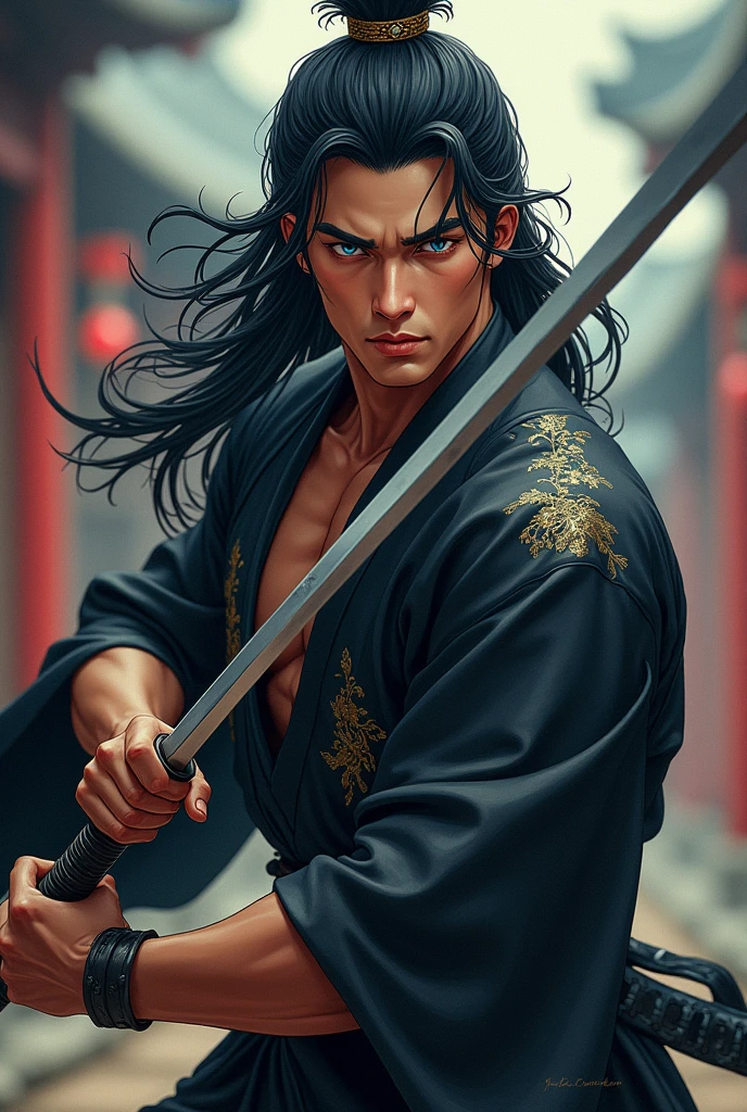 Ancient costume long hair man，Armed with a sword，Ancient style clothes