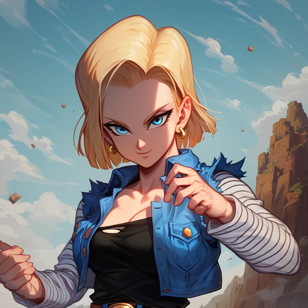 score_9, score_8_up, score_8, medium breasts, (curvy), cute, eyelashes,    zzAndroid18, blue eyes, blonde hair, short hair, jacket, denim, denim jacket, jewelry, earrings, long sleeves, shirt, skirt, belt, stripes,  smile, looking at viewer,   serious expression, dramatic sunset casting shadows, standing on a cliff overlooking a devastated battlefield, her iconic outfit slightly torn, glowing with suppressed energy, a moment of reflection before the next fight,  ,,, embedding:zPDXL, Expressiveh, 