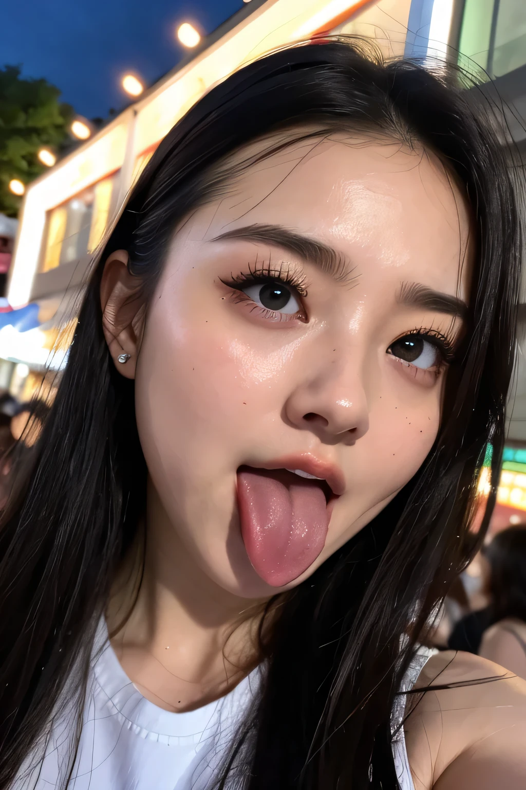 1 girl, table top in front of you,,Award-winning photo, very detailed, face close-up 、 keep your eyes focused, Nose and mouth, face focus, a woman with her mouth open and her eyes closed, Face Focus Close-up、age: 18 ,Black-haired、Symmetrical face, Insulated、 angle from below 、Extended C-shaped nostrils 、 I sweated skin、 I sweated, lighting to highlight shiny skin、((( comments,Harajuku Omotesando at night ))) I sweated, shiny skin、shiny skin、 big eyes、 double eyelid 、( my tongue is wet and glowing) ((Wet tongue)) (Face close-up) Disneyland,Taylor Hill, hyperrealistic ,real skin、Nogizaka Members,