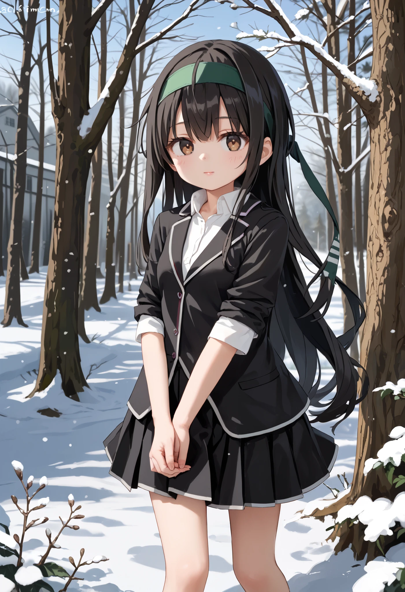  score_9, score_8_up, score_7_up, score_Anime, idealized form, natural light,  detailed background,blurry background, very detailed,(),First frost( kancoll), Brown Eyes ,(left(white)right(green)) headband behind a tree,(black)long hair,(low)hair,(black)hair,small breasts,( smaller), shirt, blazer,black skirt, Single Thigh High ,