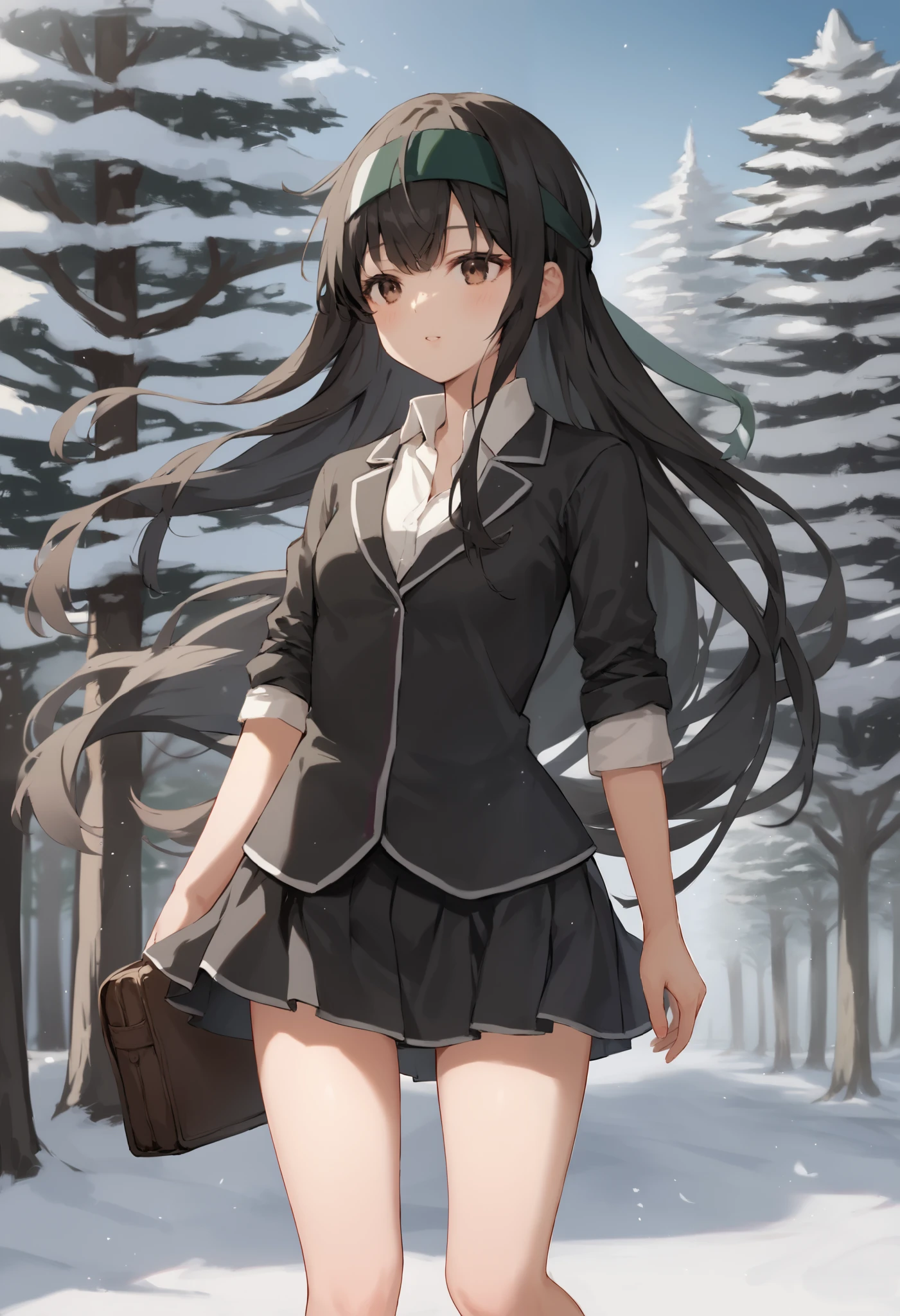  score_9, score_8_up, score_7_up, score_Anime, idealized form, natural light,  detailed background,blurry background, very detailed,(),First frost( kancoll), Brown Eyes ,(left(white)right(green)) headband behind a tree,(black)long hair,(low)hair,(black)hair,small breasts,( smaller), shirt, blazer,black skirt, Single Thigh High ,