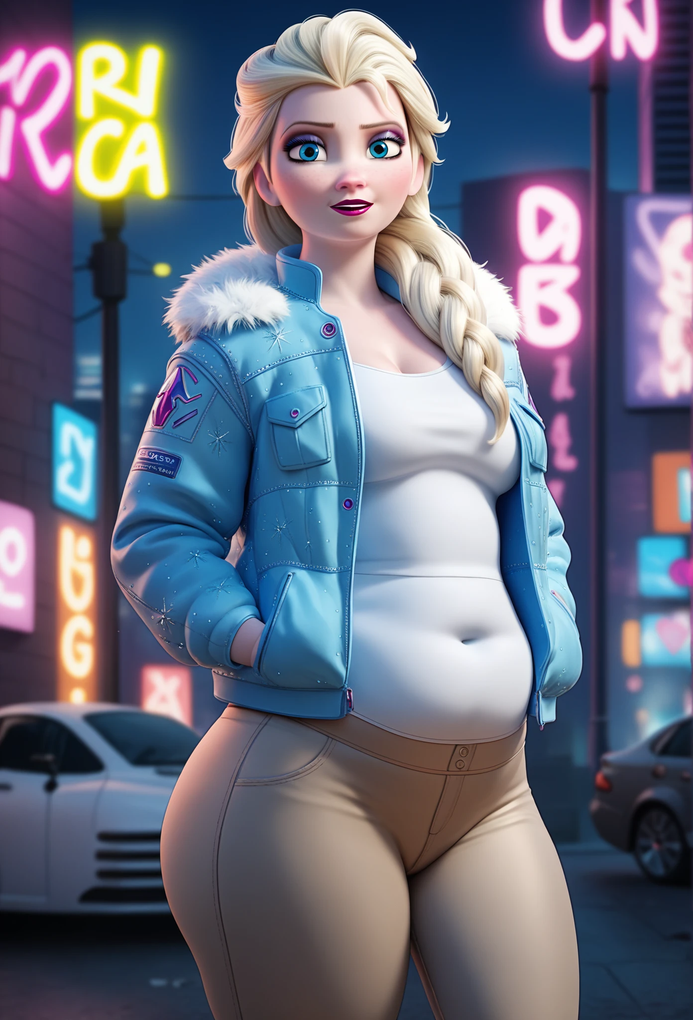 score_9, score_8_up, score_7_up, score_6_up, score_5_up, score_4_up, BREAK
1girl, elsa \(frozen\), blonde hair, hair over shoulder, long hair, blue eyes,
makeup, gained some weight, and got chubby, (neon jacket), pants,
looking at viewer, solo, neon light, night, cyberpunk city background  