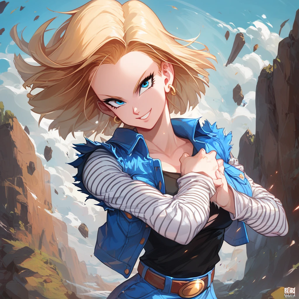 score_9, score_8_up, score_8, medium breasts, (curvy), cute, eyelashes,    zzAndroid18, blue eyes, blonde hair, short hair, jacket, denim, denim jacket, jewelry, earrings, long sleeves, shirt, skirt, belt, stripes,  smile, looking at viewer,   serious expression, dramatic sunset casting shadows, standing on a cliff overlooking a devastated battlefield, her iconic outfit slightly torn, glowing with suppressed energy, a moment of reflection before the next fight,  ,,, embedding:zPDXL, Expressiveh, 