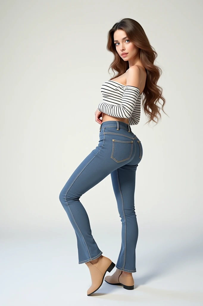 Mujer con un vestido azul y vaqueros posando para una foto, pantalones vaqueros azules, Modelo de moda femenina coreana, pantalones vaqueros azules. Irreal 5, usar vaqueros, vaqueros, cintura delgada, con una cintura delgada, Vista de cuerpo completo, cintura delgada, ( ( ( usar vaqueros ) ) ), cintura delgada y caderas gruesas, Llevar mono de jean azul, vaqueros vaqueros ajustados