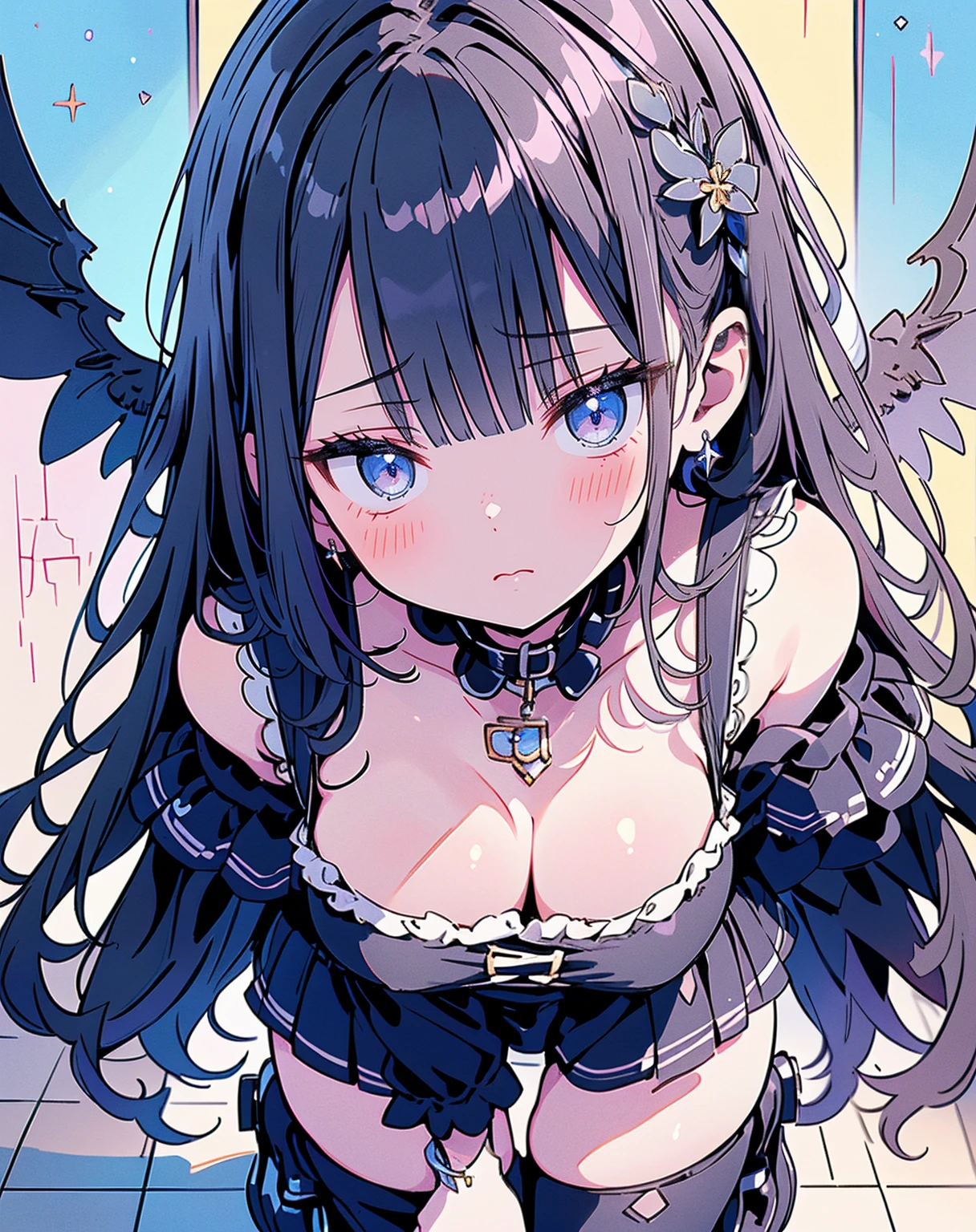 high quality, masterpiece, Super detailed, full body portrait,1 girl, Extremely detailed faces, White lace latex bodysuit,white gloves,angel halo,angel wings,BDSM,handcuffs,collar,calm expression,Smile,handcuffs,collar,long black hair, charming pink eyes, fox ears, Ridiculously big, shiny skin, Fly in the sky,bright sky,
