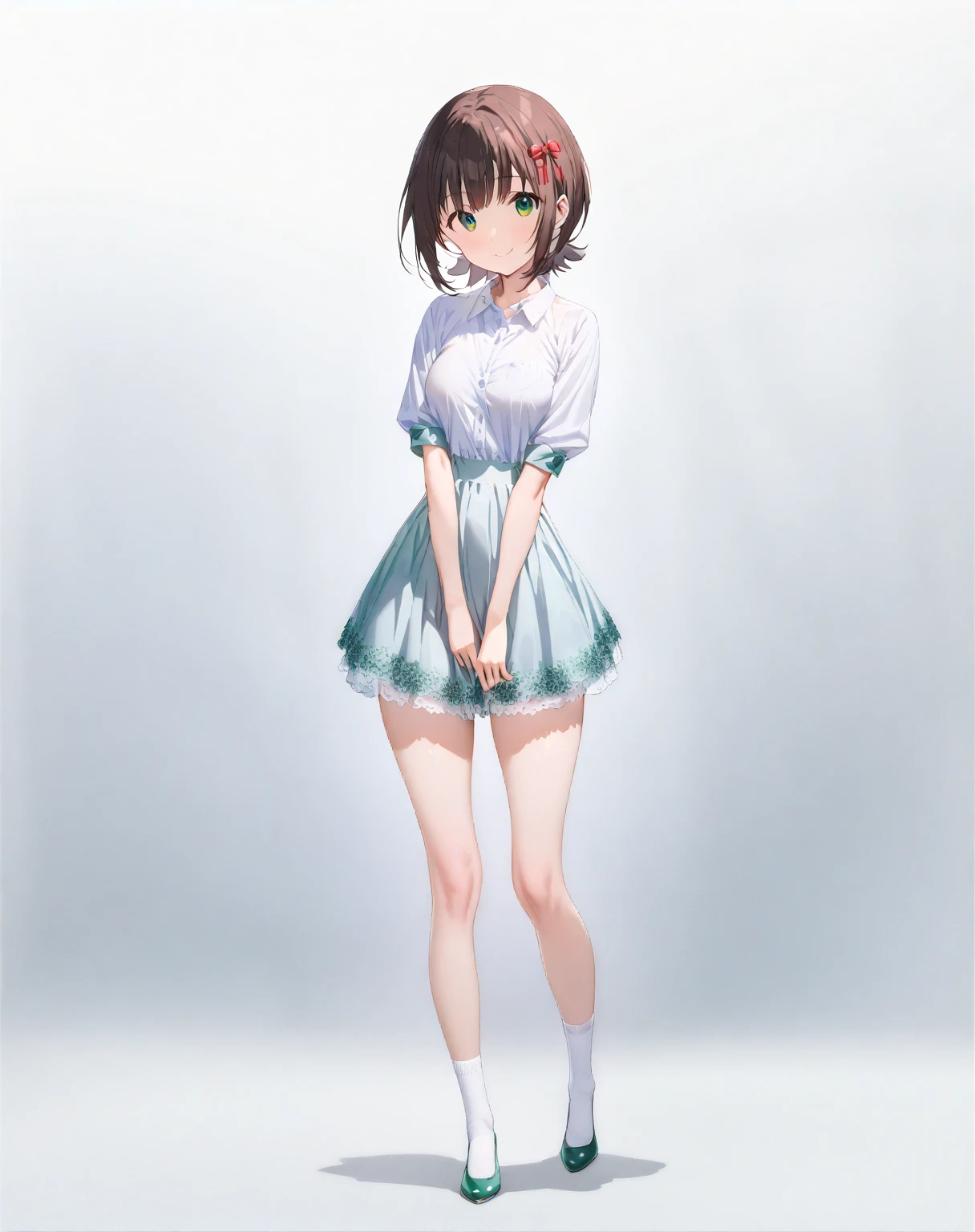 (1 girl),(Alone),

(Amami Haruka )、Amami Haruka、
(masterpiece)、 top quality、 high definition 、 Intricate Details、4K、8k、
(Light gray background)、Grey Room、
( from head to toe:1.5、full body view:1.5)、At the center:1.2、

((round face))、(Big green eyes:1.3)、(非常に detailed face )、(small round hairstyle)、
((( short short hair:2.5)))、(Brown Hair)、(bangs:0.5)、(A small red ribbon in her hair:0.1)、
( detailed face :0.7)、(smile)、
Round Breasts、

 Video 、 slender figure、 PERFECT FIVE FINGERS 、

(fair skin)、 Delicate Smooth Skin 、 beautiful skin、

break
(Formal shirt)、
(red　Tulip skirt)、
White knee-high socks、
White pumps、

very short hair, 

looking at viewer, 

Slight Body,
Medium Breasts,
Petite Height,

(Alone Focus:1.0),
(Standing:1.4),
(Seductive pose:0.3),

(Full body Shot:1.2), 
(From the front),

(No background),