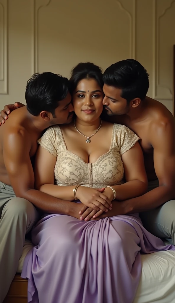 A radiant, full-figured South Indian 45-year-old aunty wearing a rose flower printed blue chiffon saree and blouse, tenderly hugging and kissing a jubilant group of  25-year-old men in  living room, captured in a full-body image with vibrant hues and meticulous details.