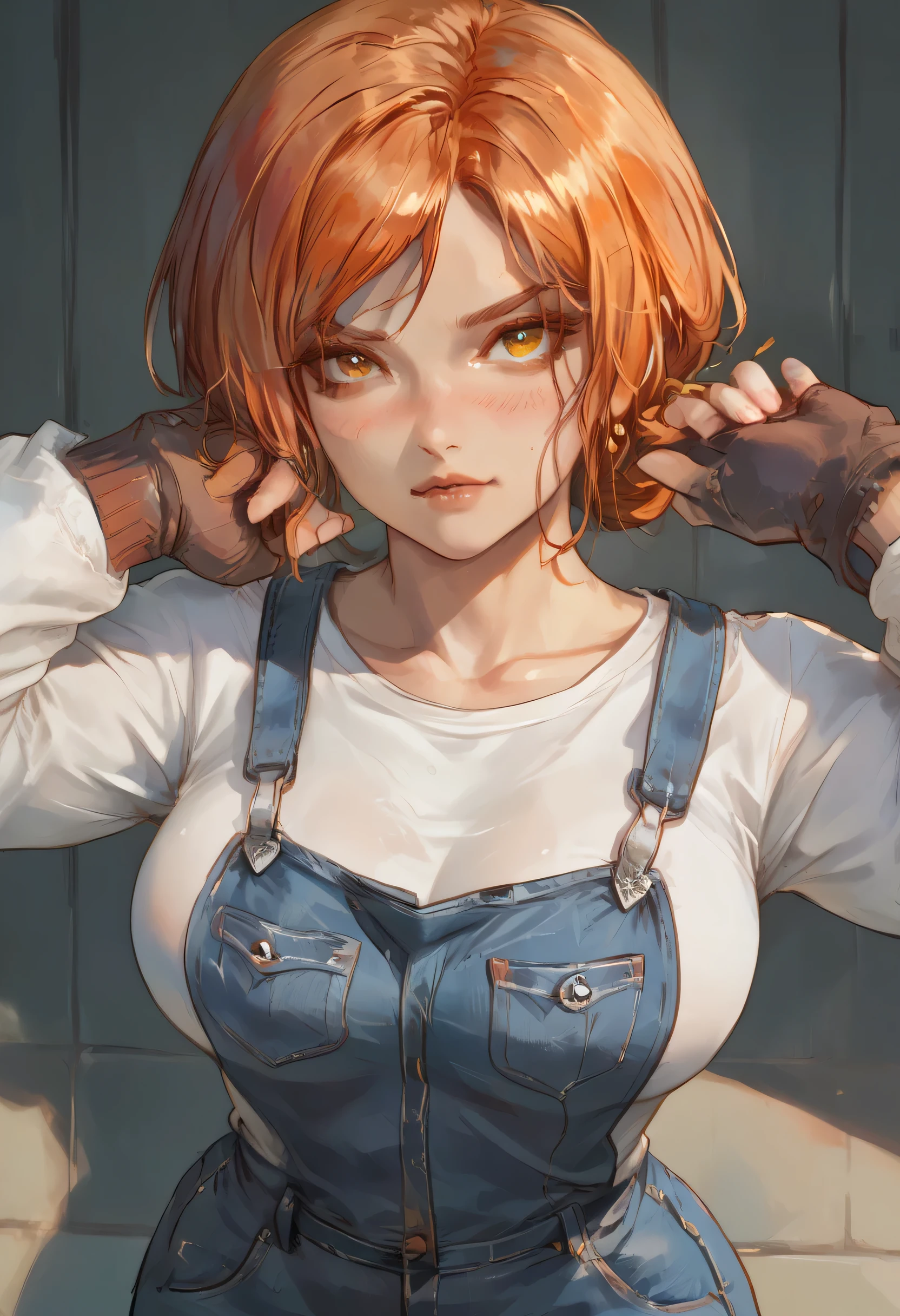 8k,master part, quality bset,Big, (1 girl), triss marigold, green_eye, orange hair, short hair, professional lighting, ( shiny skin: 1.2), large bright, (( better quality)),  sharp focus: 1.2, Highly detailed face and skin texture,  detailed eyes,  perfect face ,  perfect body, blur art, CG, Background Story,  Big breasts , Presence (20 years, mature face, fresh and beautiful), wearing blue jean overalls, wearing overalls, Blush, (Mittgal), randome pose, Top view, eye perfeito, angry face,  style Sakimichan art 