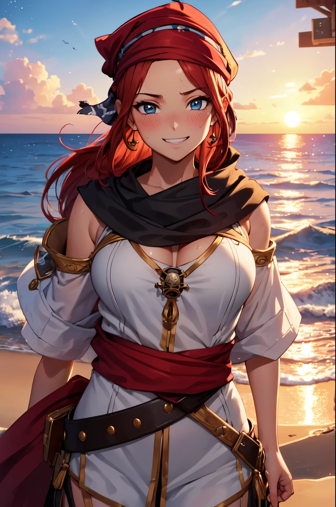 ((best quality)), ((masterpiece)), (detailed), une fille, visage parfait, Longhaire, ((golden hair)), curly hair, decorated cheveux, ultramarine blue eyes,(

Name: Hibiki Fujikawa
Element: FLAMARA
Description: A fierce and passionate red-haired shinobi from the Fire Country.she wields the fighting style of the ancient Writhe Nine technique, enhancing her speed and flexibility with flames. In a village under threat, her determination never wavers, tirelessly defending the power of love and justice.
Prompt: (((((Obra maestra, La mejor calidad, ultrahigh resolution)))), 1girl, ((standing, kneeling:0.6)), (((doll knees, doll elbows, ((doll joints:1.2, action figure limbs:1.2, segmented body))), [flame-red skin], (medium length spiky red hair, short bangs), bright red eyes, white Fuuinjutsu hair clips, dressed in Ninja attire (short kimono, sandals), swords at his/her waist,, small traditional water bottle, long sleeves, buttoned chest area, (workedsheet fabric), ((detailed, realistic skin texture)), (sunset background), ((mid shot)), ((looking to the side or over shoulder), uncertainty or determination in her expression, (outdoors)), 22 years old, (sash modifier), cool, sophisticated, high contrast lighting

)
