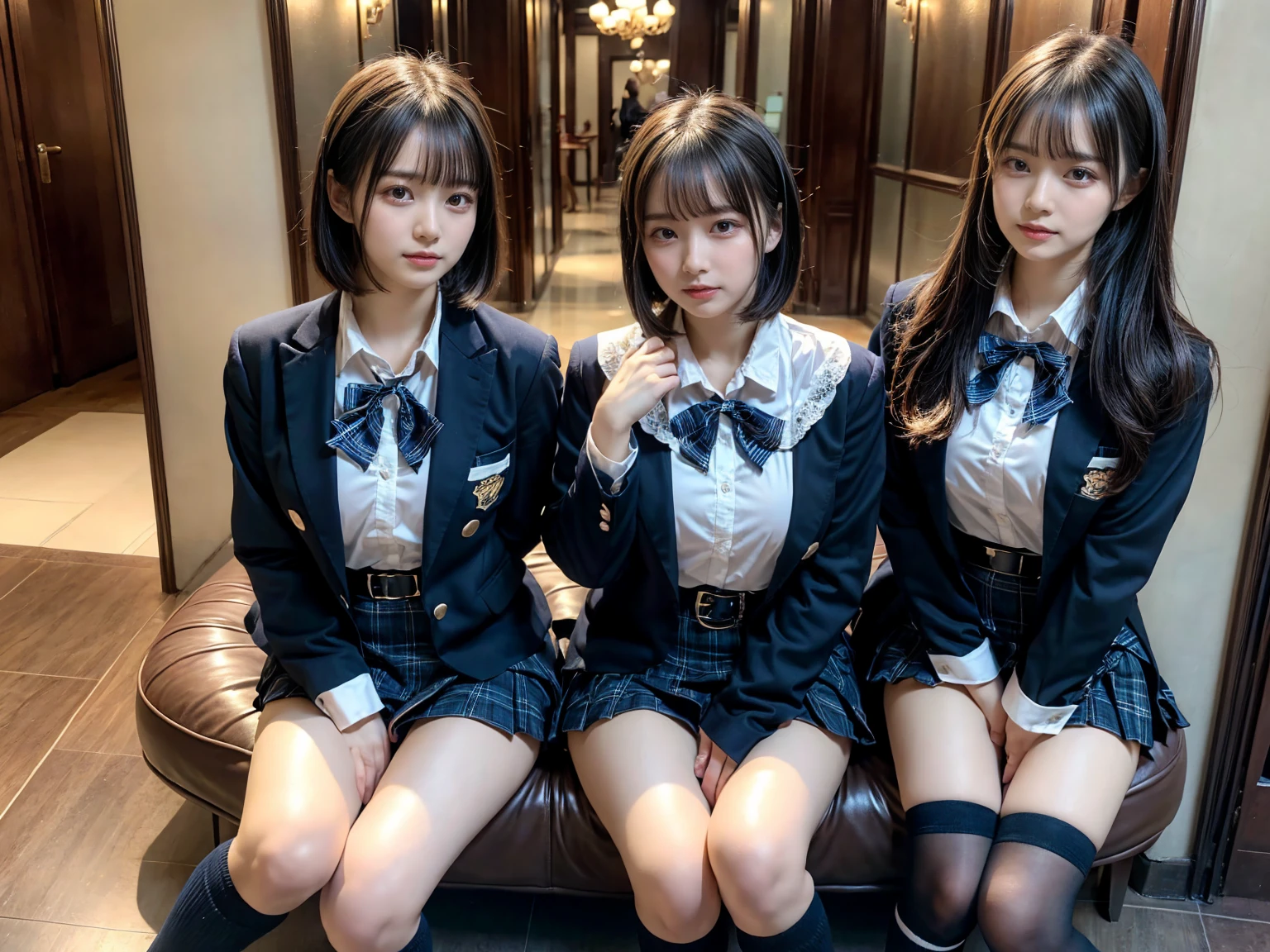 (8K, Raw photography, top-quality, masterpiece:1.2), master piece, best quality, illustration, Super detailed, fine details, High resolution, 8K,wall paper, perfect dynamic composition,(Details High quality, realistic depiction of eyes:1.3), ((2 girls, 2 schoolgirls)), The background is a luxury hotel room、High school girl uniform、blazer 、Super Short Check Uniform Skirt、Navy blue high socks、garterbelts、Colossal tits、Disturbed uniform, Play with each other,Touching each other's bodies,Touching the body of the girl next door, short bob hair, black hair color, huge breasts, Big Natural Color Lip, bold sexy pose, (perfect body shape), crying a little、cold gaze, Beautiful makeup,glitter makeup,Cutest 18 years old, beautiful legs, hposing Gravure Idol, Voluptuous thighs